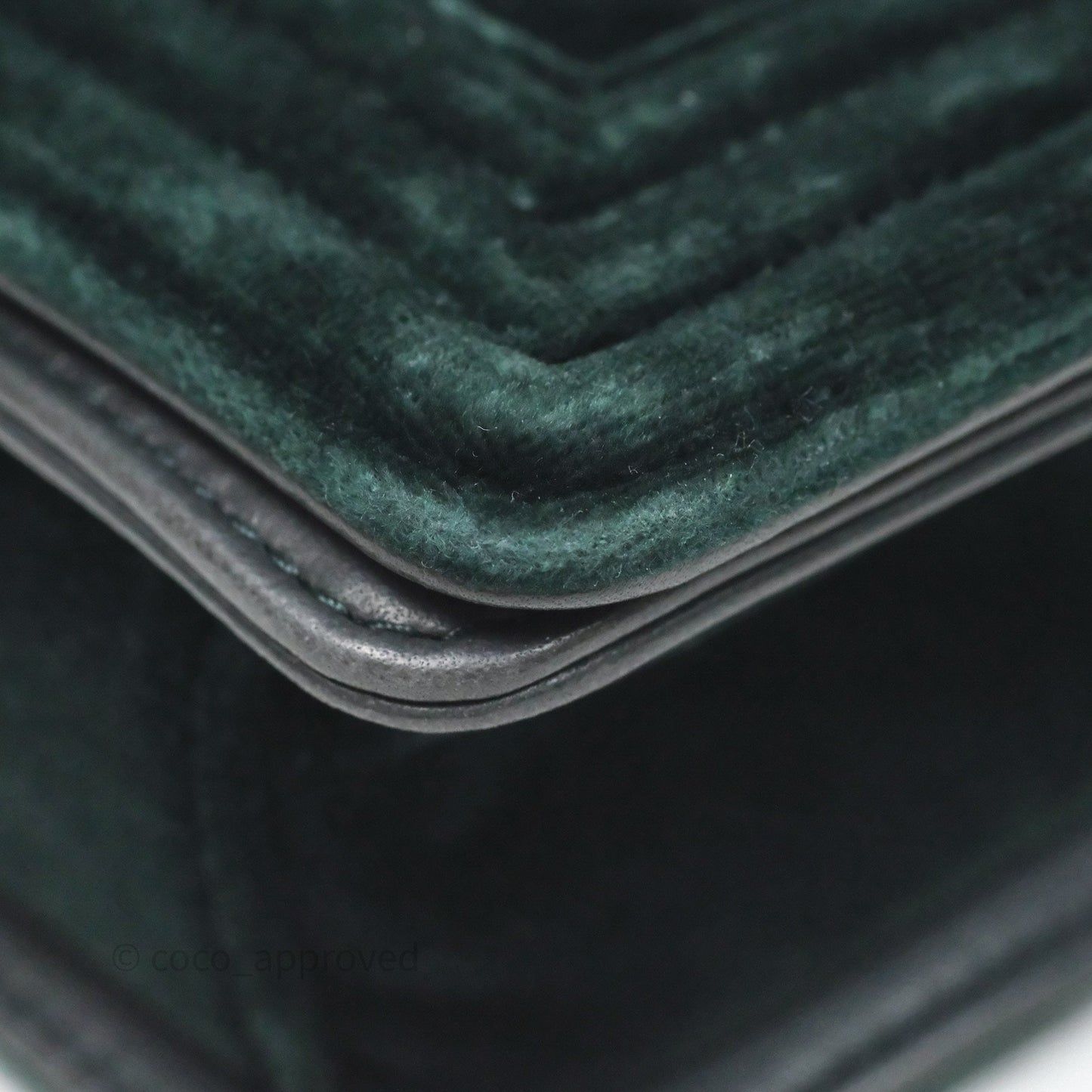 Chanel Small Boy Quilted Dark Green Velvet Ruthenium Hardware