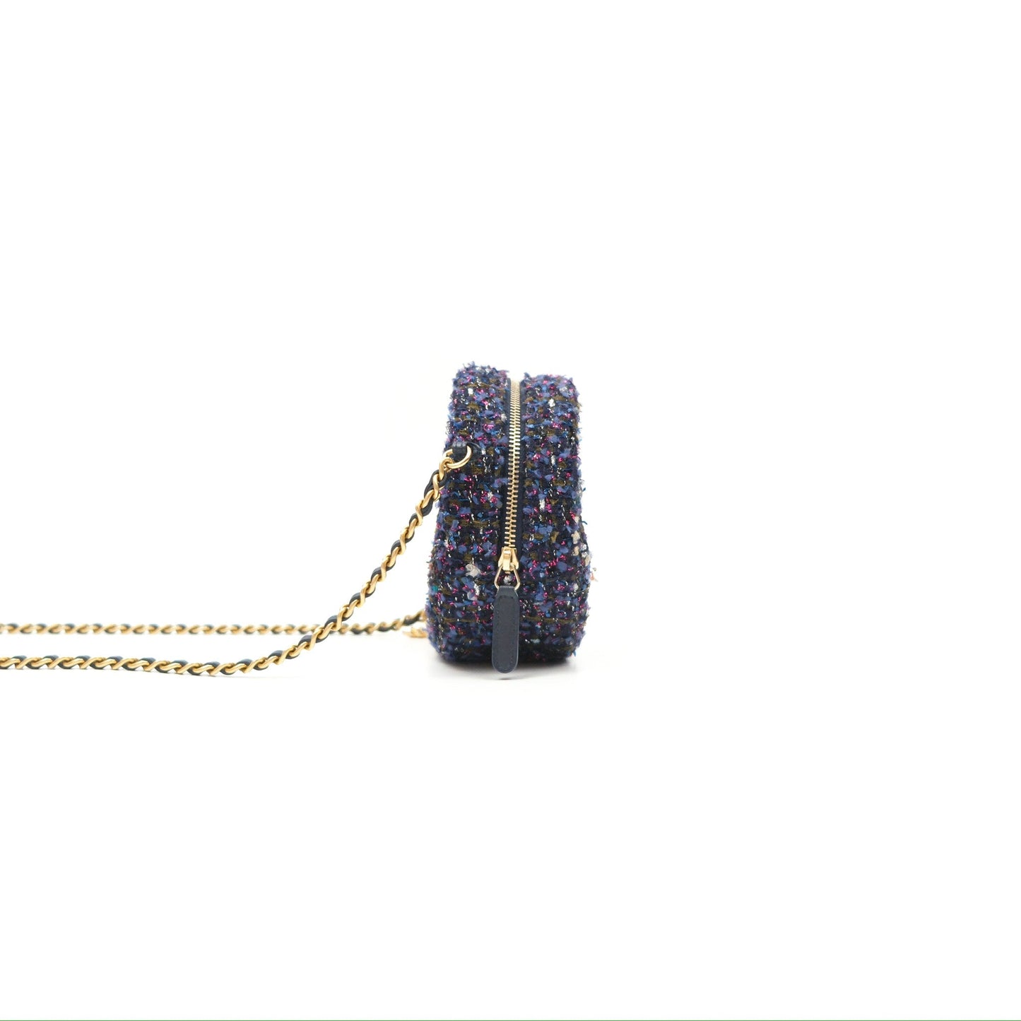 Chanel Classic Quilted Round Clutch With Chain Navy Tweed Gold Hardware