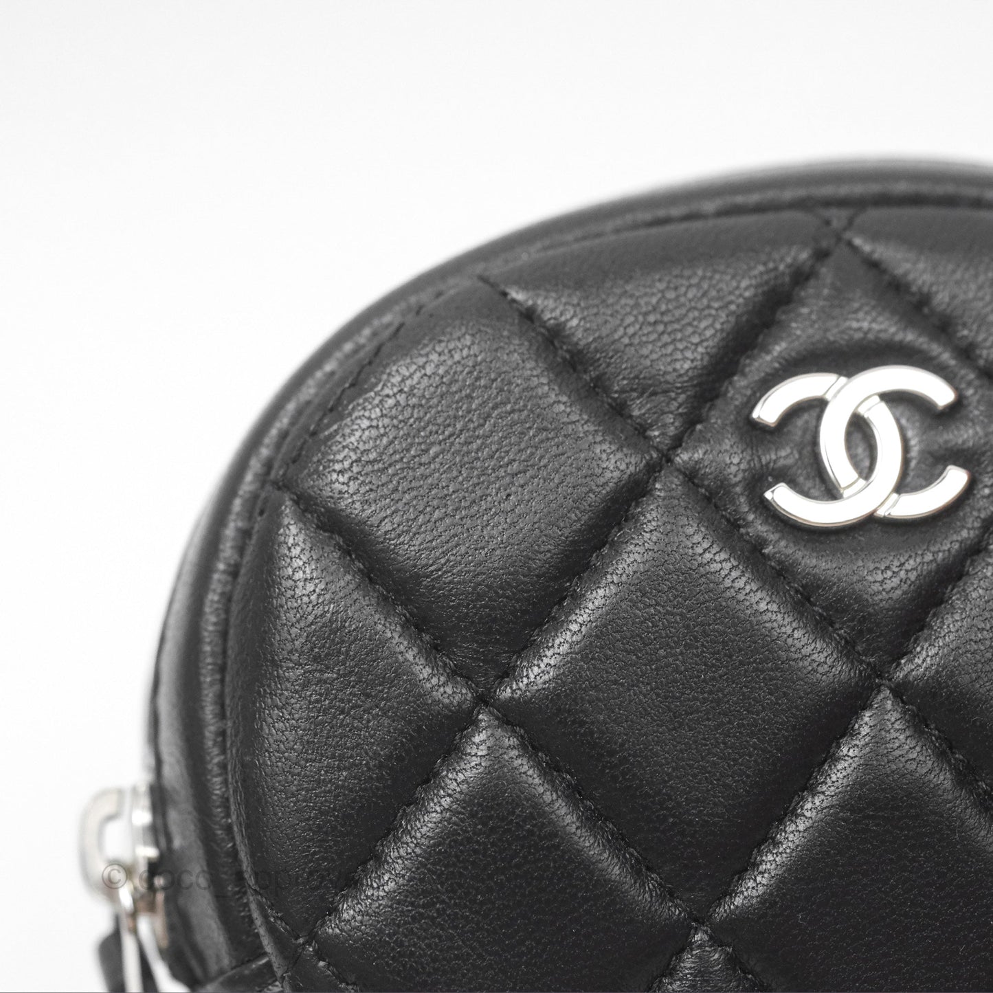 Chanel Quilted CC Round Coin Purse Black Lambskin Silver Hardware