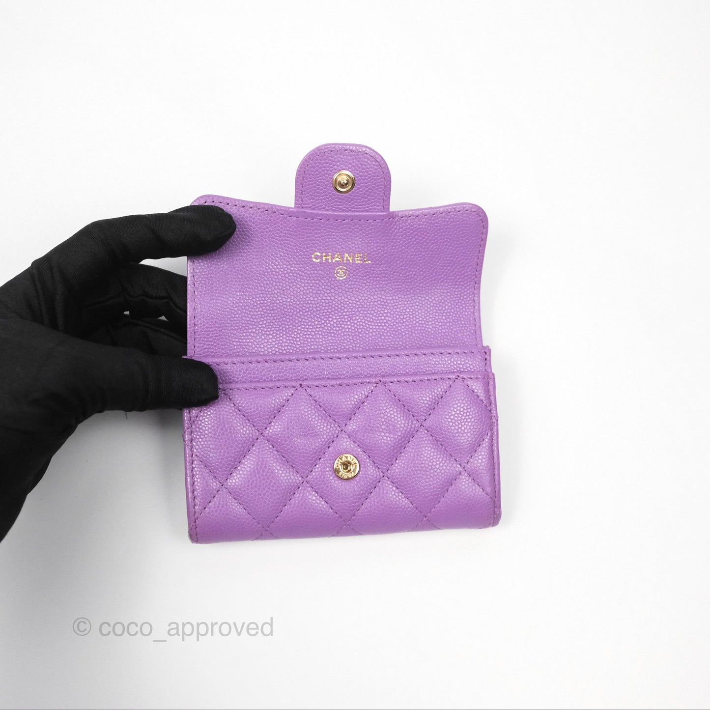 Chanel Classic Quilted Flap Card Holder Purple Caviar Gold Hardware