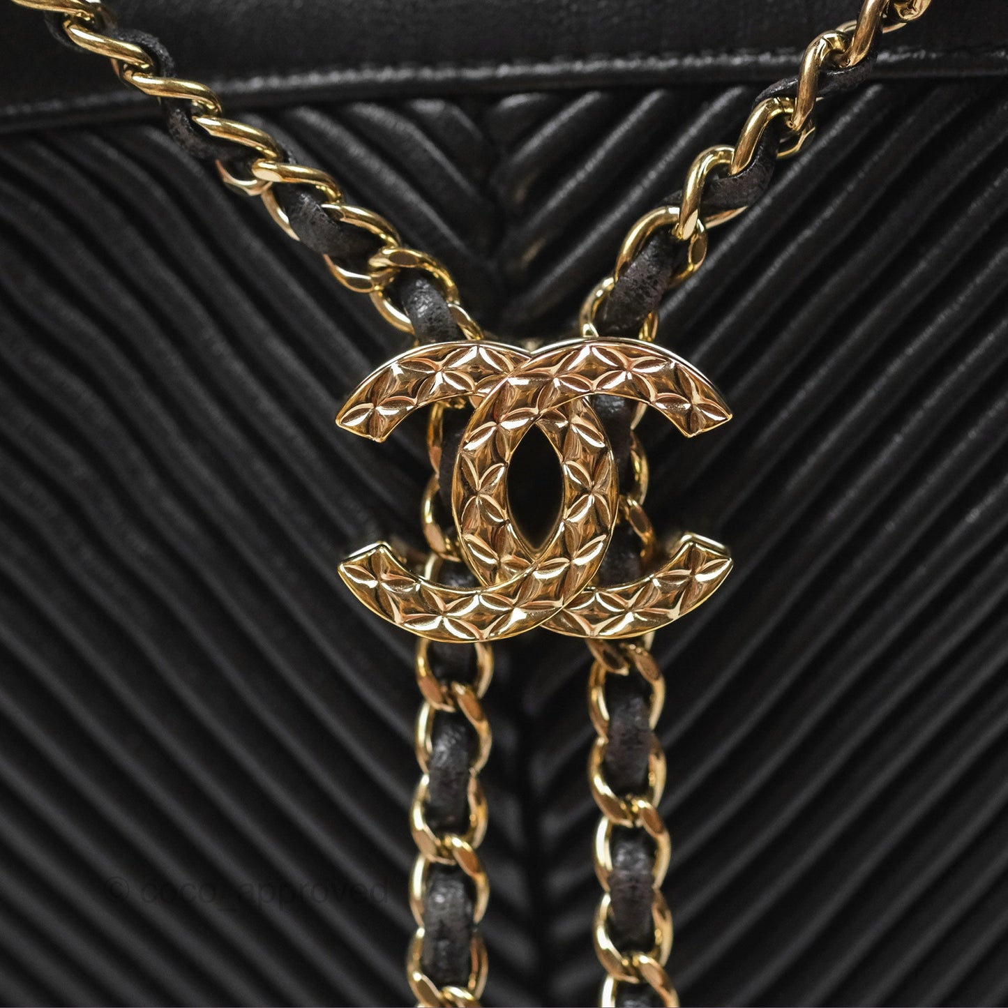 Chanel CC Chain Drawstring Bucket Bag Chevron Black Lambskin Gold Hardware