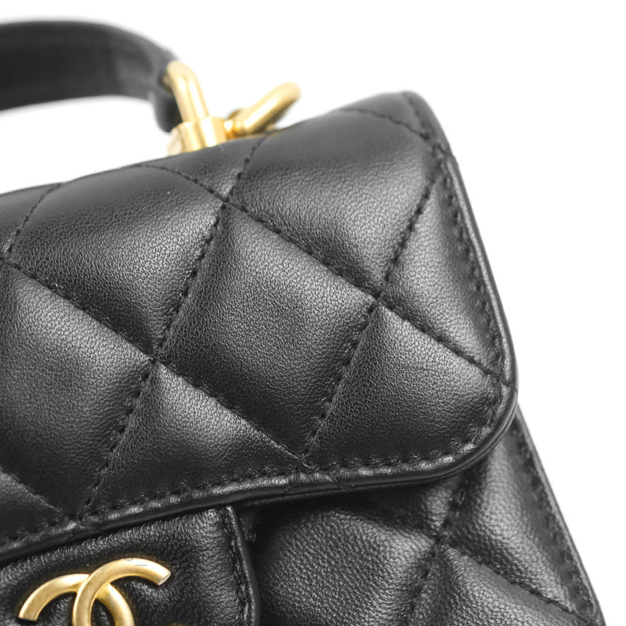 Chanel Mini Handle Flap Coin Purse With Chain Black Lambskin Gold Hardware