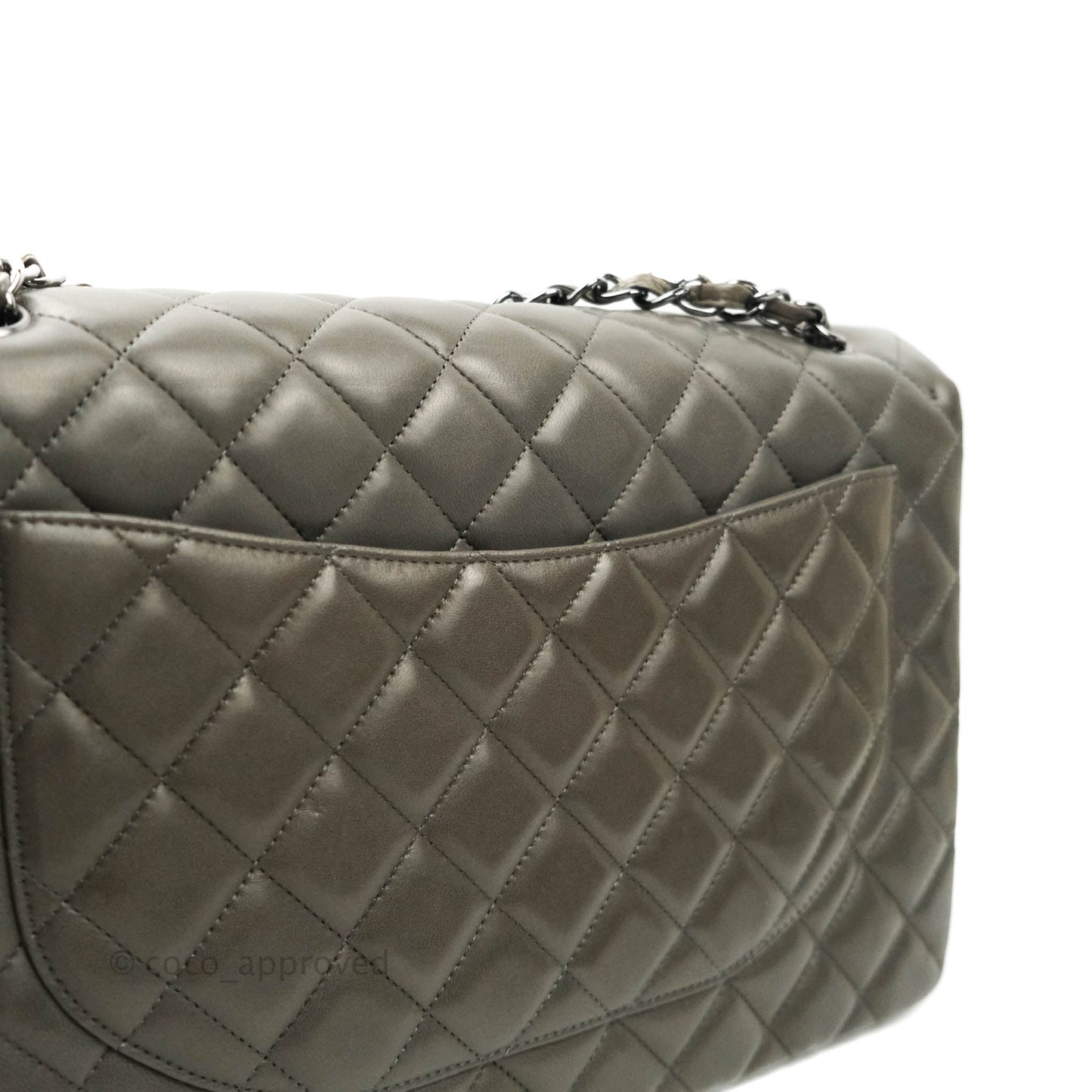 Chanel Classic Single Flap Maxi Grey Lambskin Gun Metal Hardware