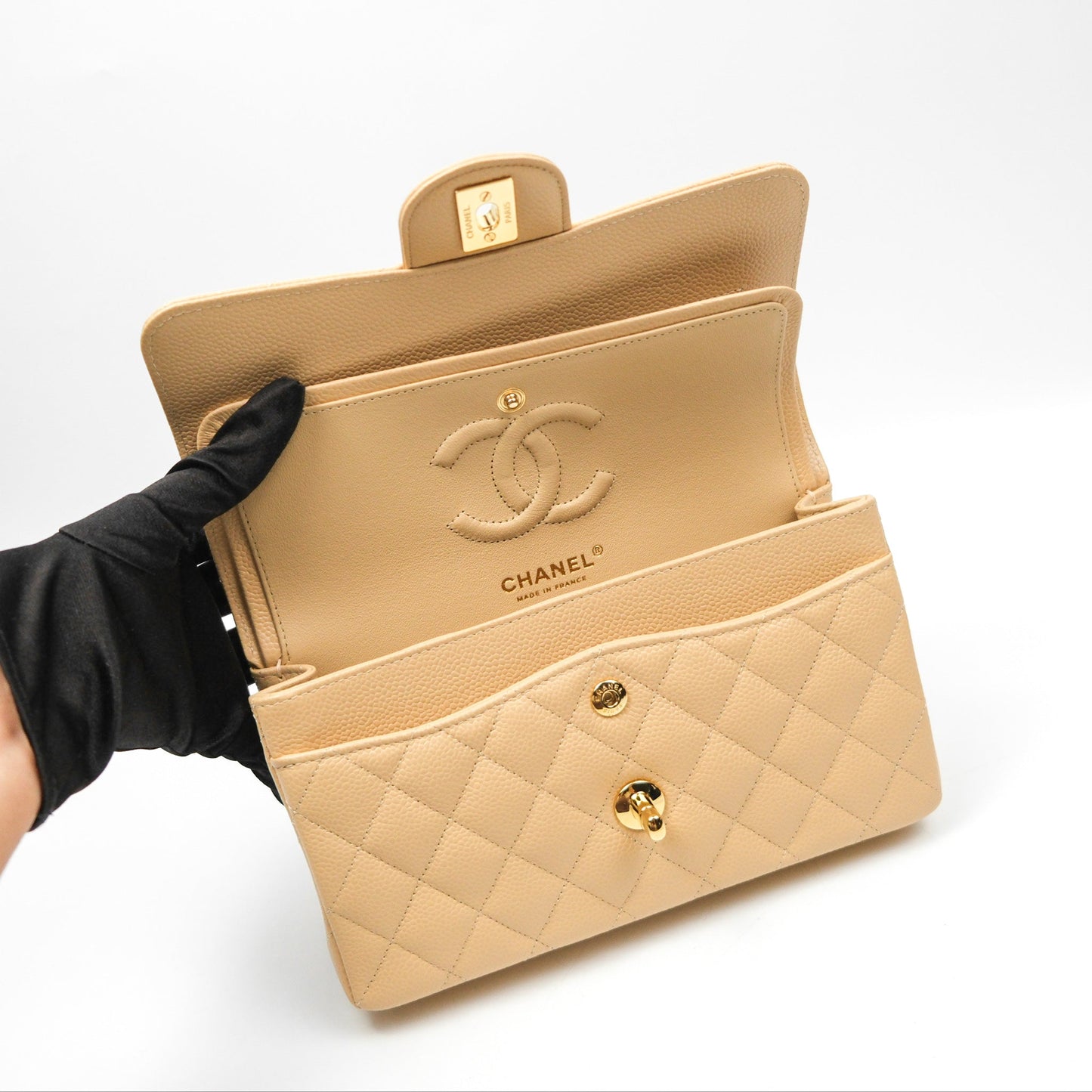 Chanel Small Quilted Classic Flap Beige Caviar Gold Hardware