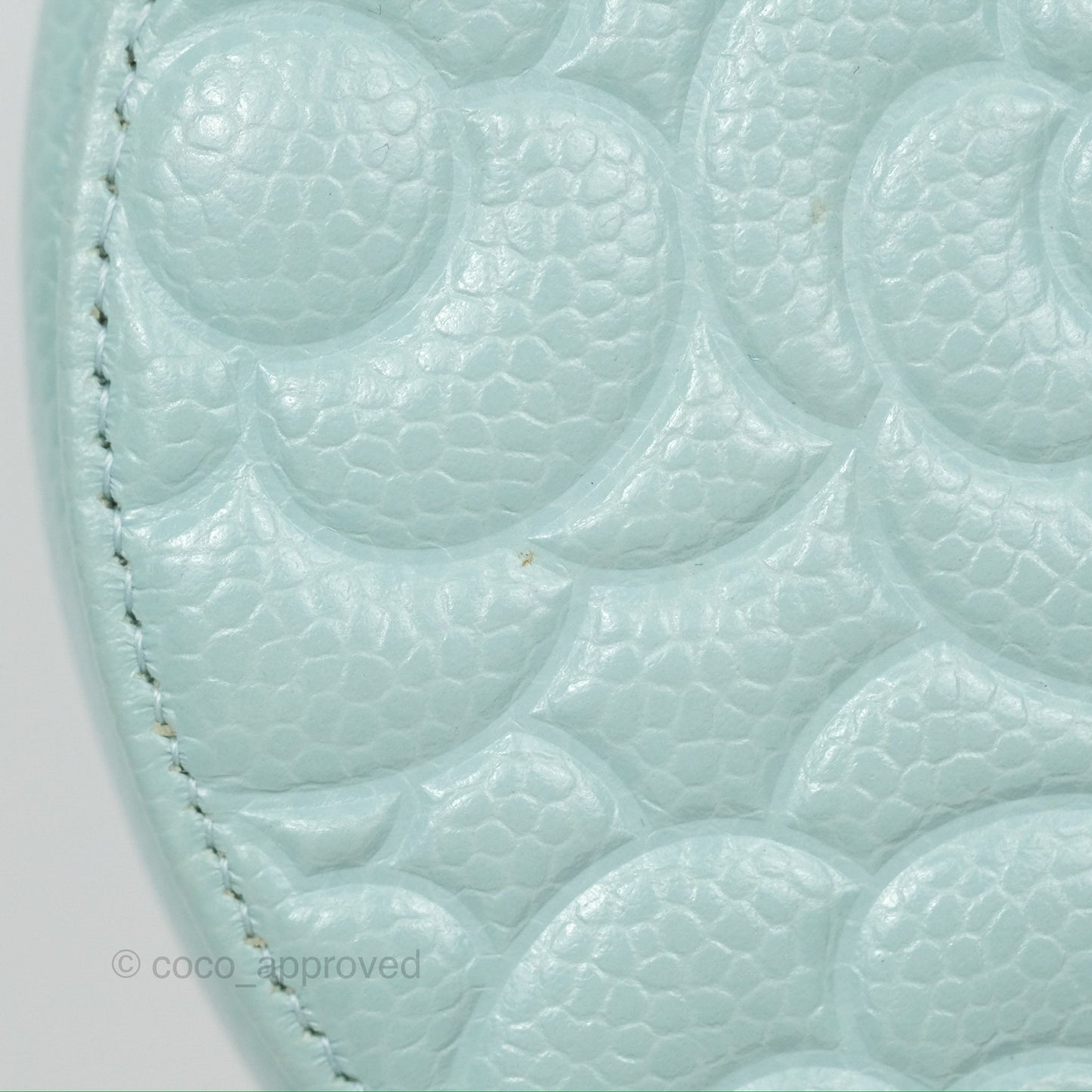 Chanel Camellia Embossed Round Clutch With Chain Light Tiffany Blue Caviar