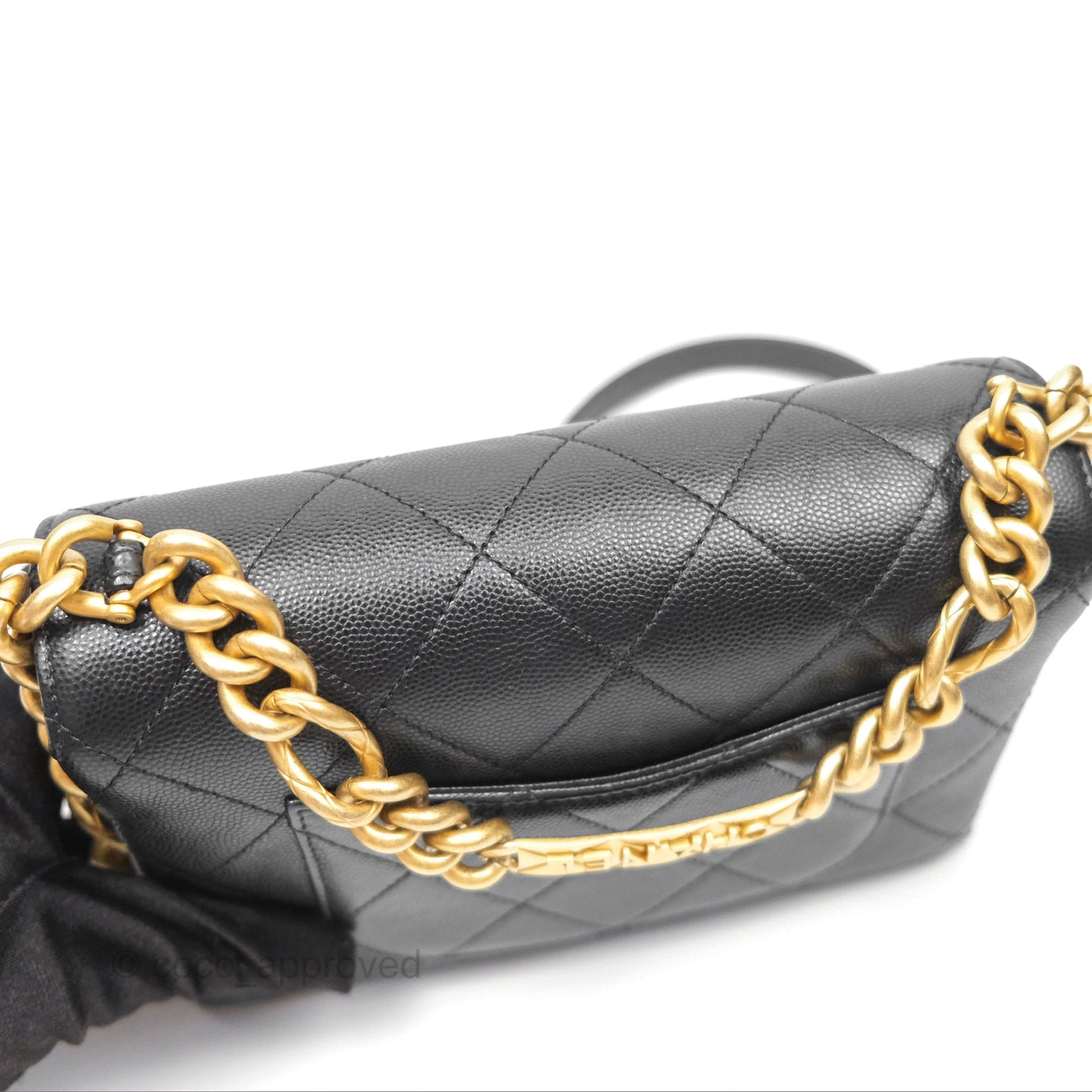 Chanel Bracelet On Chain Flap Bag Flat Quilted Black Caviar Aged Gold Hardware