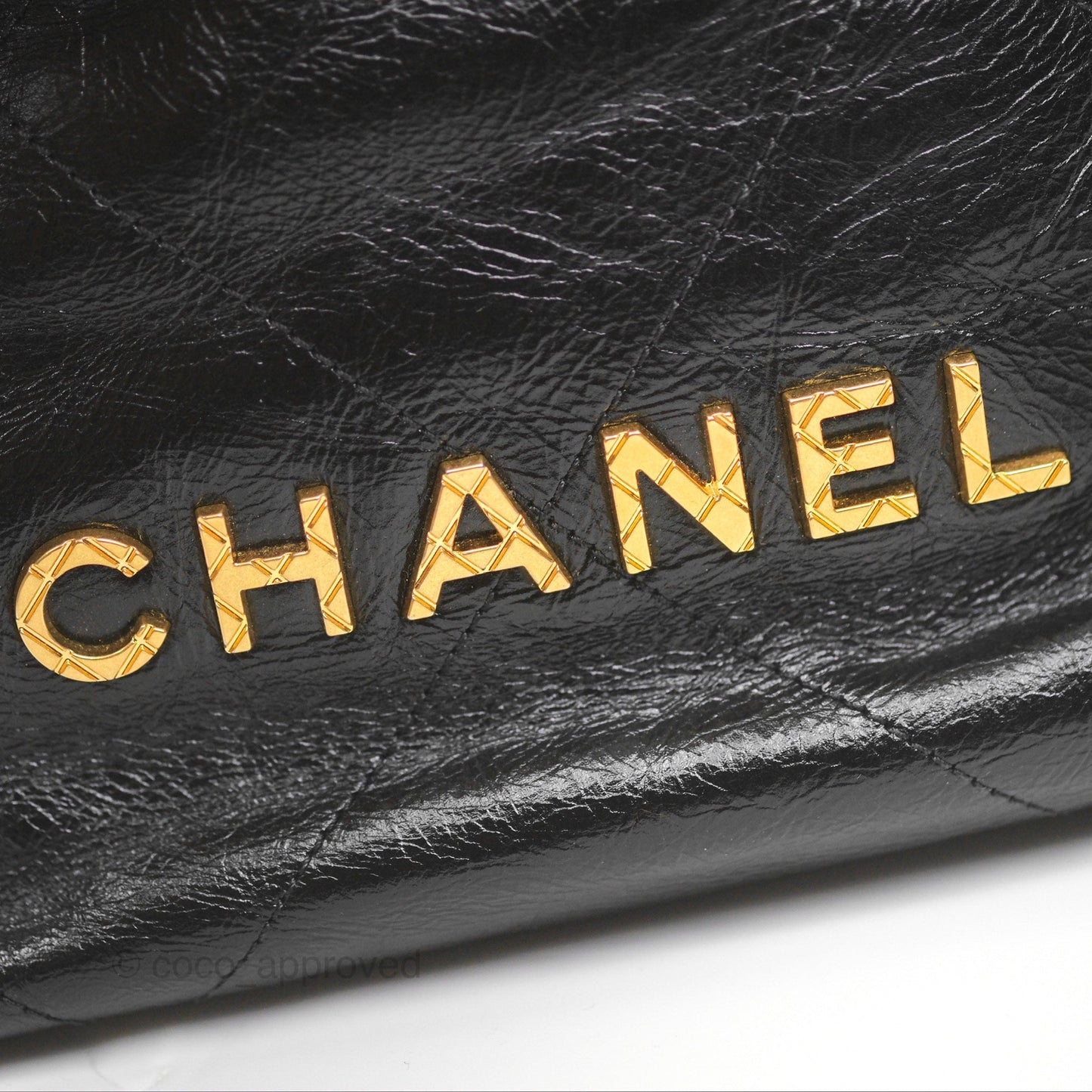 Chanel 22 Quilted Logo Mini Bag with Pearl Chain Black Shiny Crumpled Calfskin
