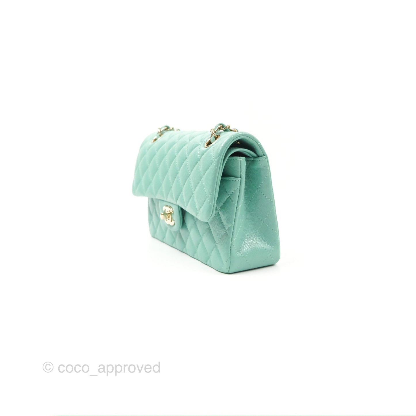Chanel Small Classic Quilted Flap Tiffany Green Caviar Gold Hardware