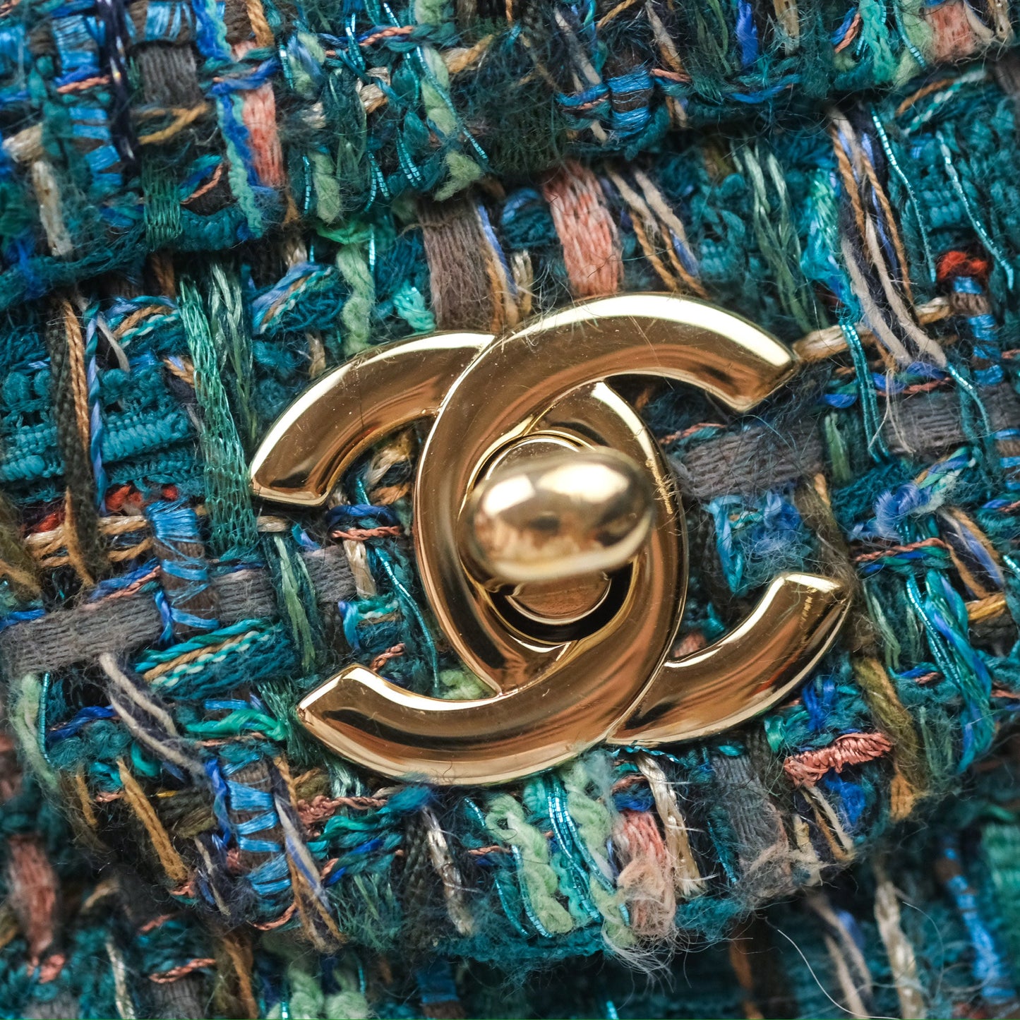 Chanel Mini Rectangular Flap Teal Tweed Gold Hardware