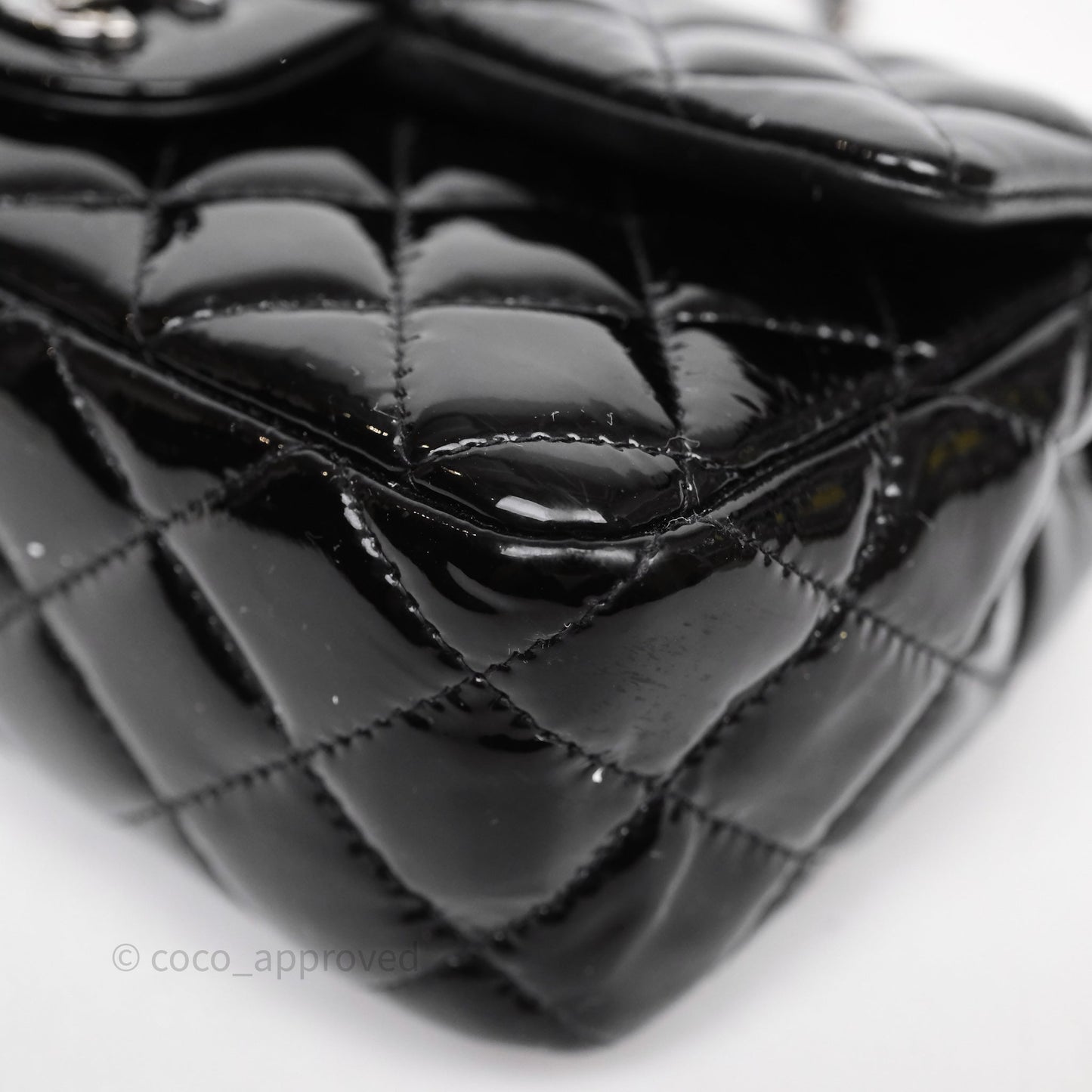 Chanel Quilted Mini Rectangular Flap Black Patent Silver Hardware