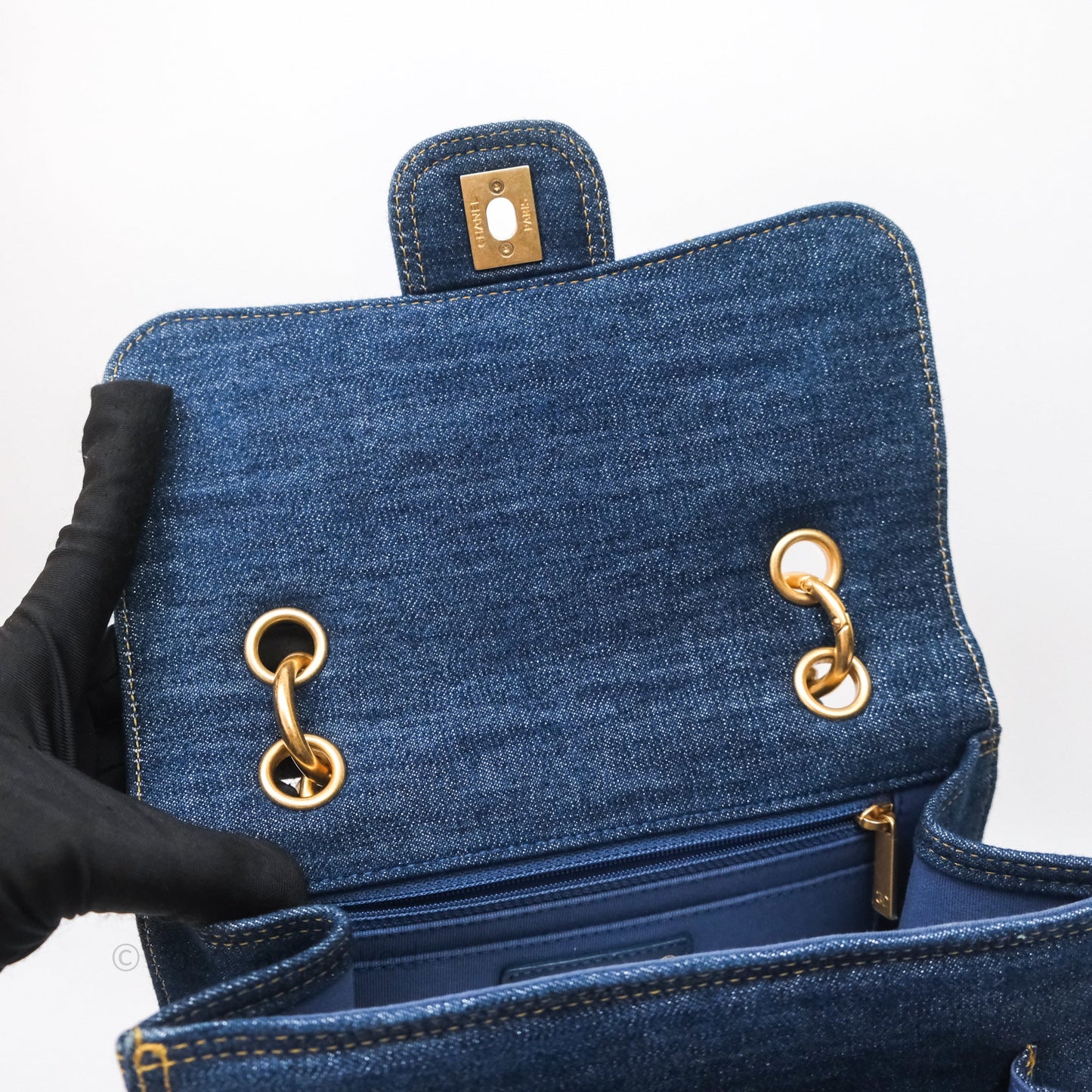 Chanel Square Flap Bag Denim Aged Gold Hardware