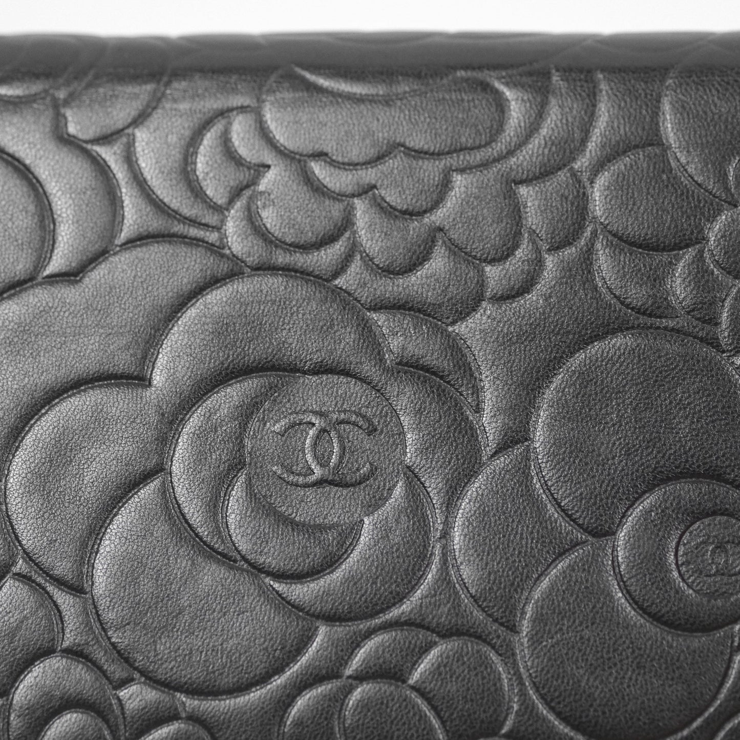 Chanel Camellia Embossed Wallet on Chain WOC Black Lambskin Silver Hardware