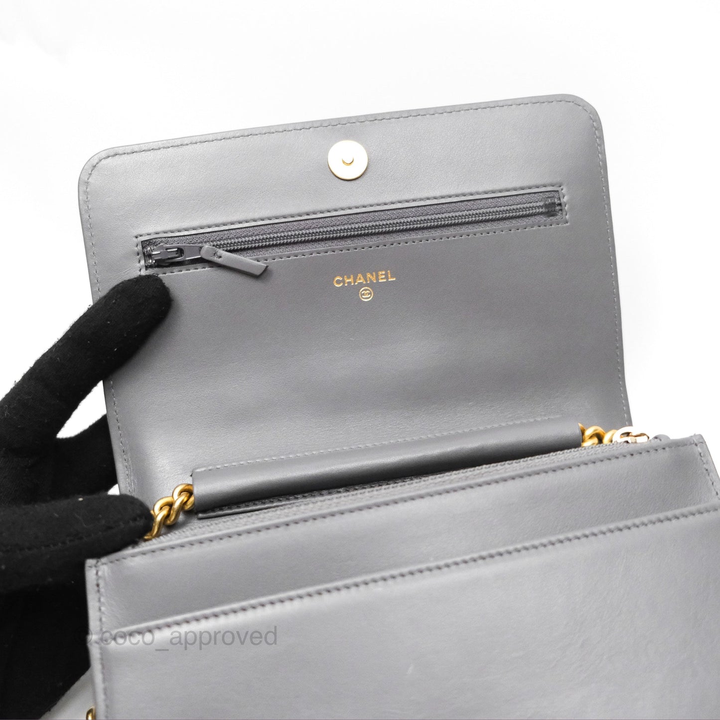 Chanel Quilted Boy Wallet on Chain WOC Grey Caviar Aged Gold Hardware