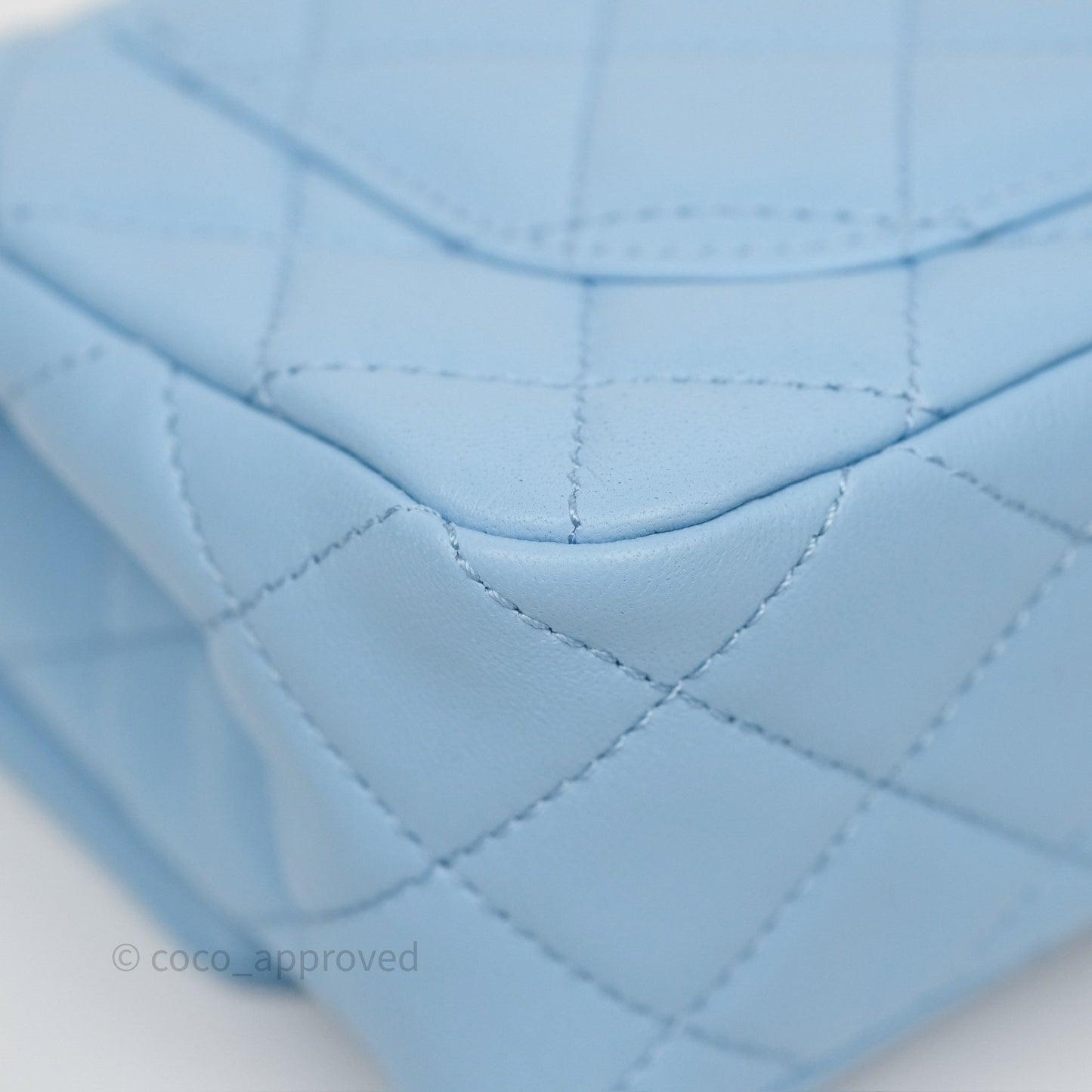 Chanel Mini Rectangular Pearl Crush Quilted Sky Blue Lambskin Aged Gold Hardware