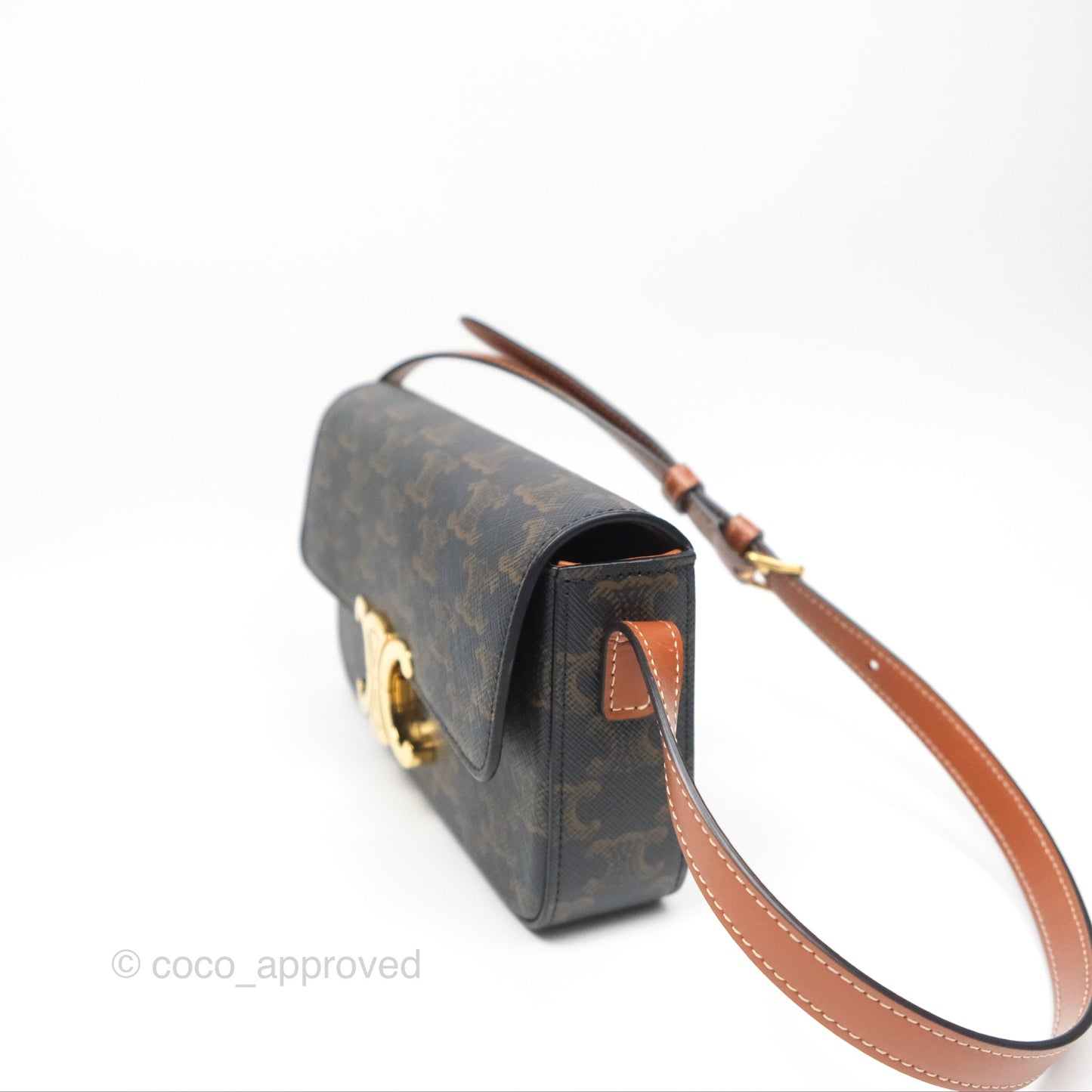 Celine Triomphe Shoulder Bag Tan Calfskin Triomphe Canvas