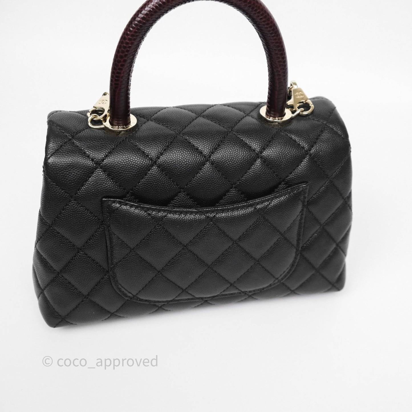 Chanel Small Coco Handle Quilted Black Caviar Gold Hardware Lizard Handle