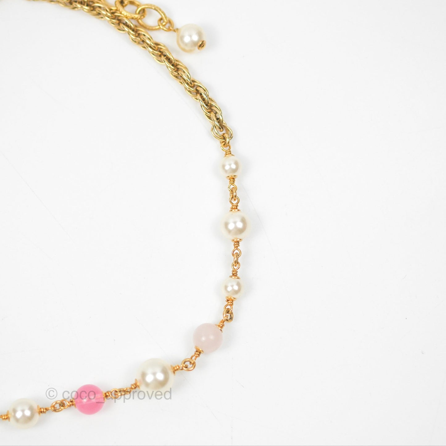 Chanel CC Pearl Pink Bead Necklace Gold Tone 22A