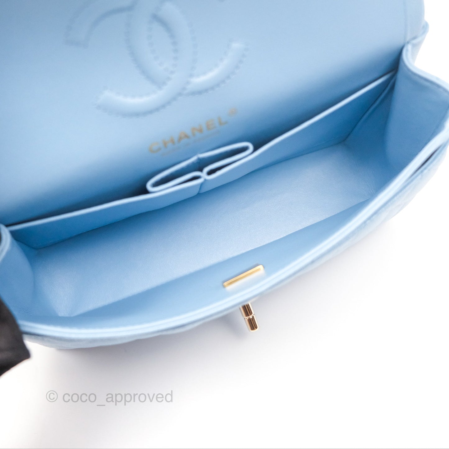 Chanel Small Classic Quilted Flap Light Blue Caviar Gold Hardware