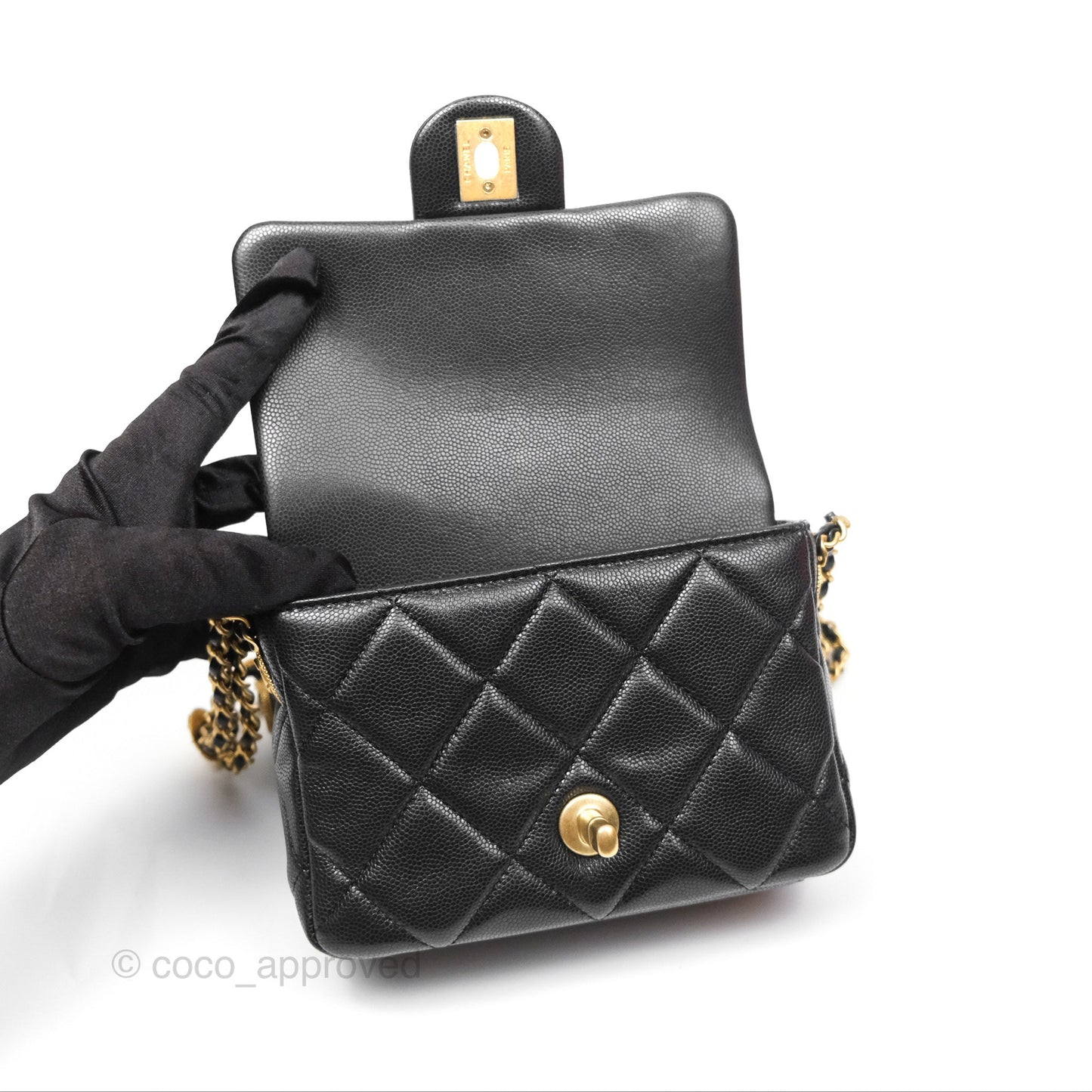 Chanel Mini Flap with Coin Charm Black Caviar Aged Gold Hardware 22A