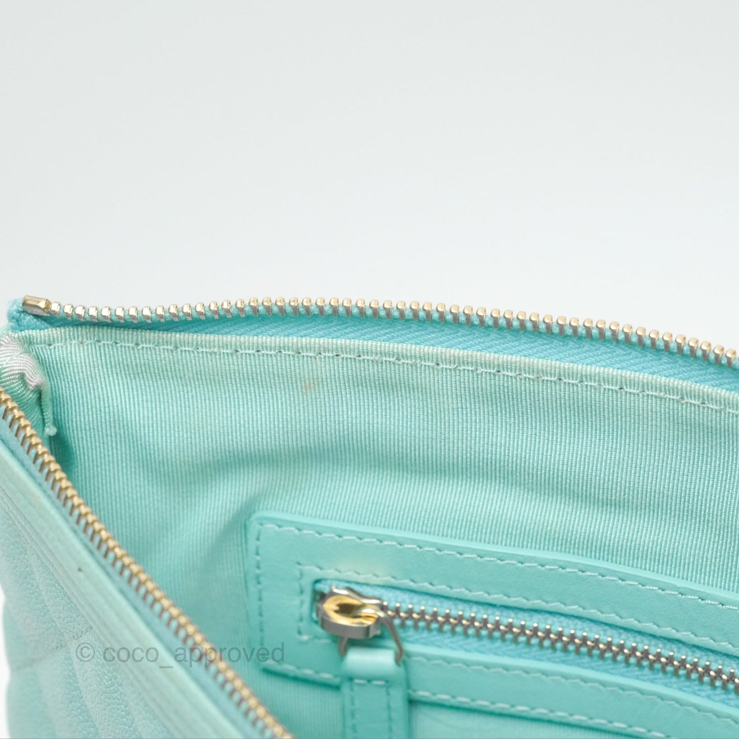 Chanel Medium O Case Boy Tiffany Blue Caviar Gold Hardware