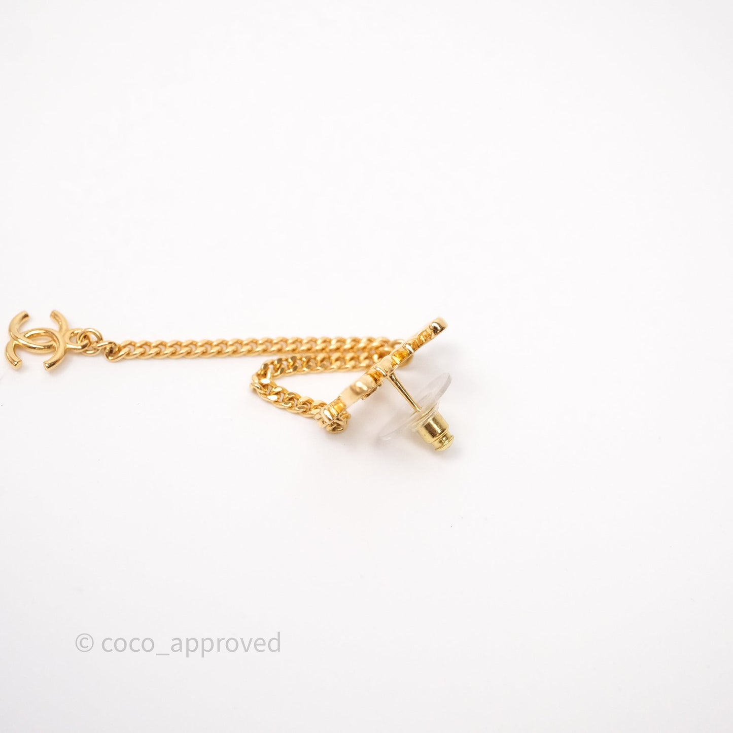 Chanel Metal Logo Drop Chain Earrings Gold Tone 24C