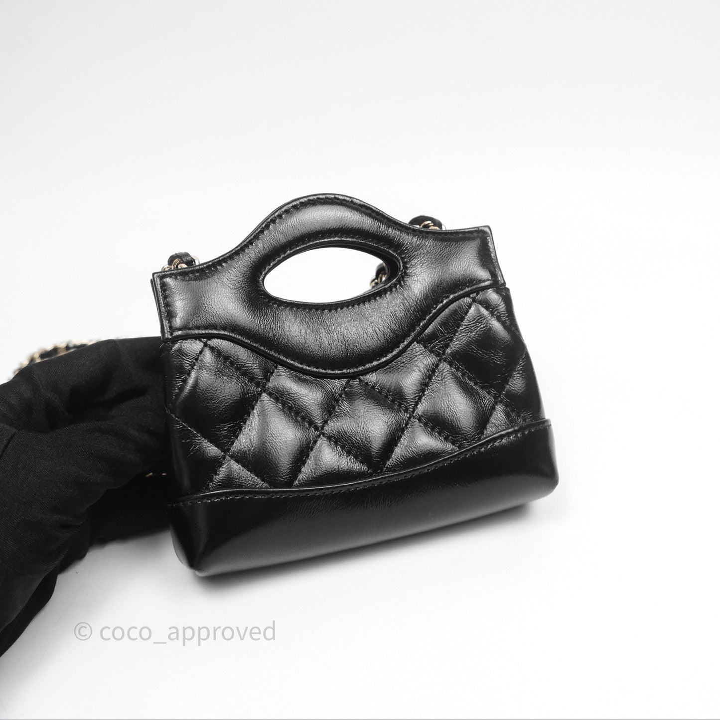 Chanel Micro 31 Clutch With Chain Black Shiny Calfskin Gold Hardware