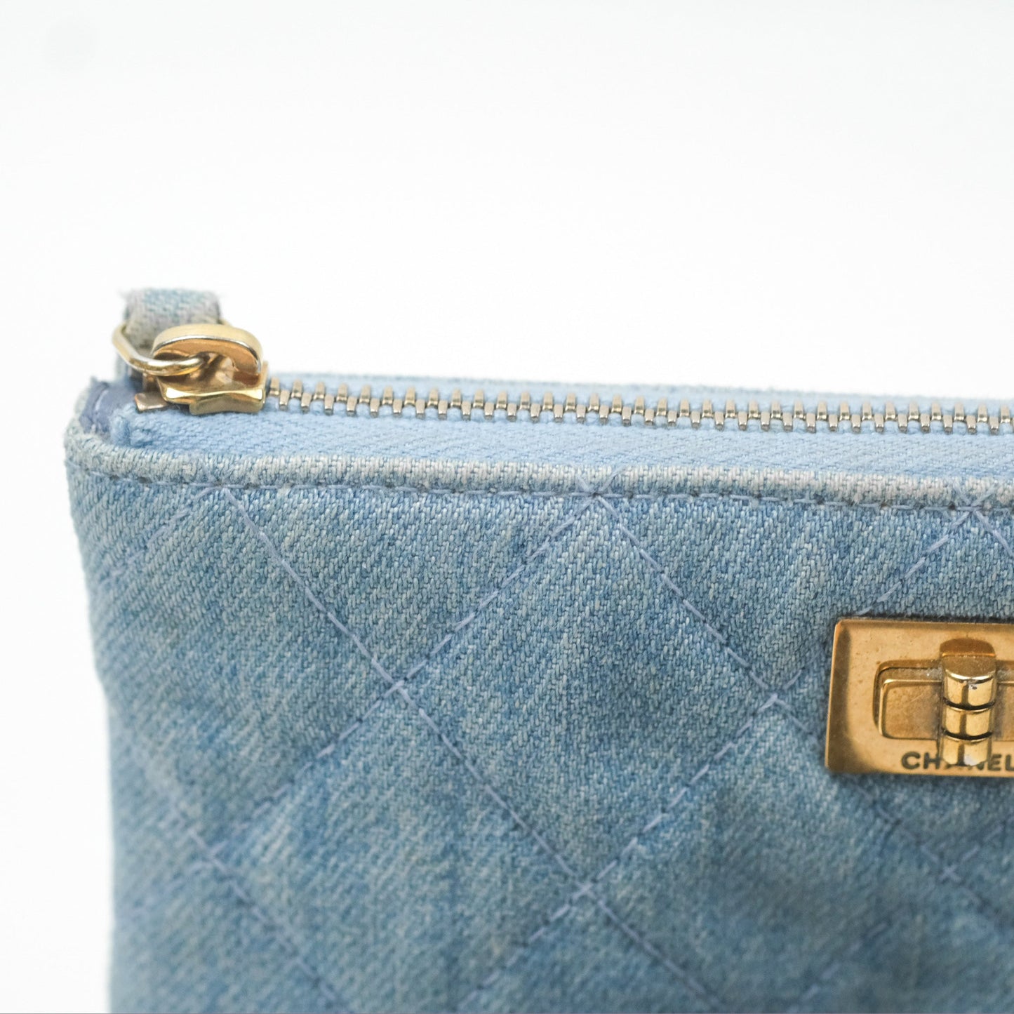 Chanel Mini Reissue O Case Quilted Light Blue Denim Aged Gold Hardware