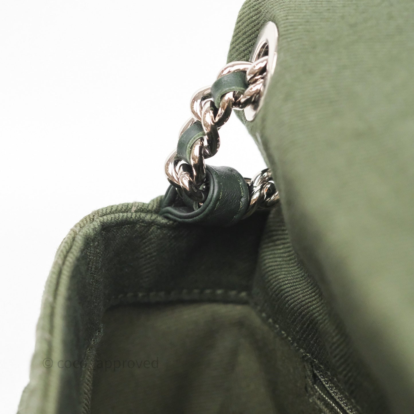 Chanel Camellia Flap Bag Army Green Denim Silver Hardware