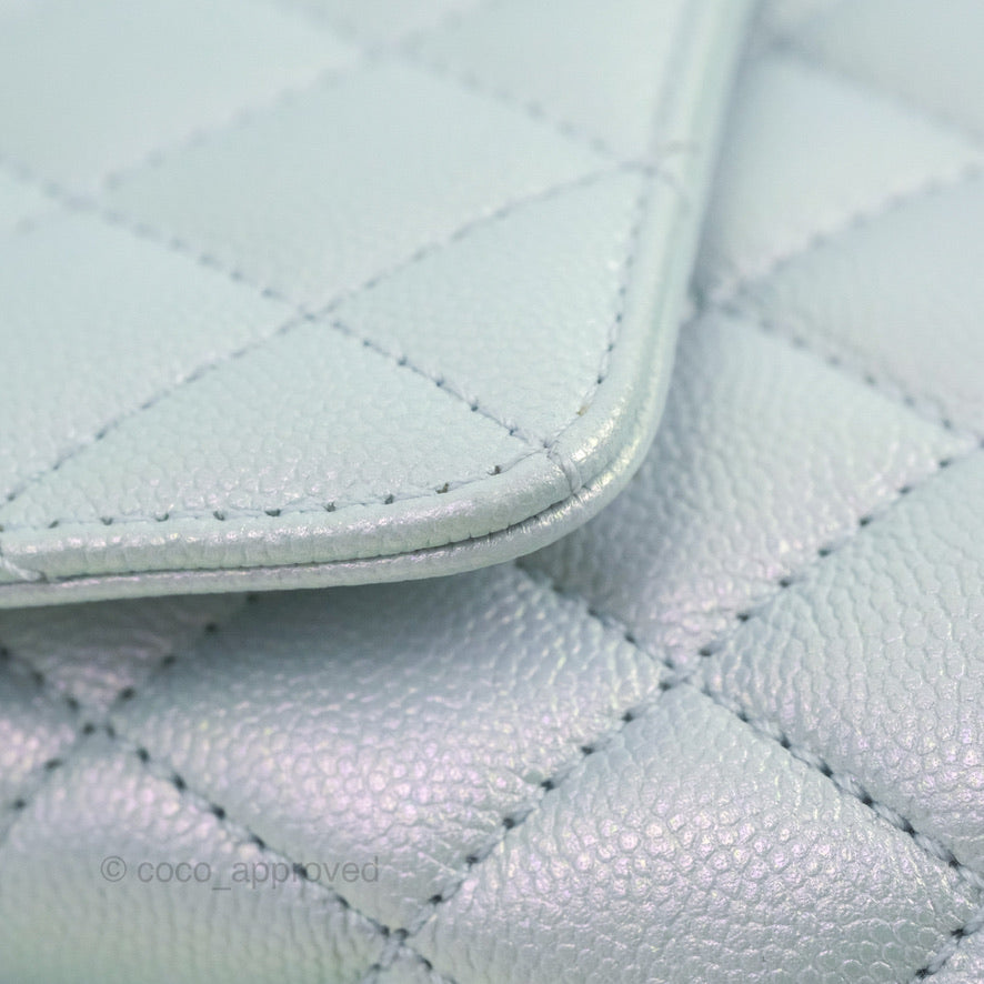 Chanel Small Coco Handle Quilted Iridescent Light Blue Caviar Rainbow Hardware