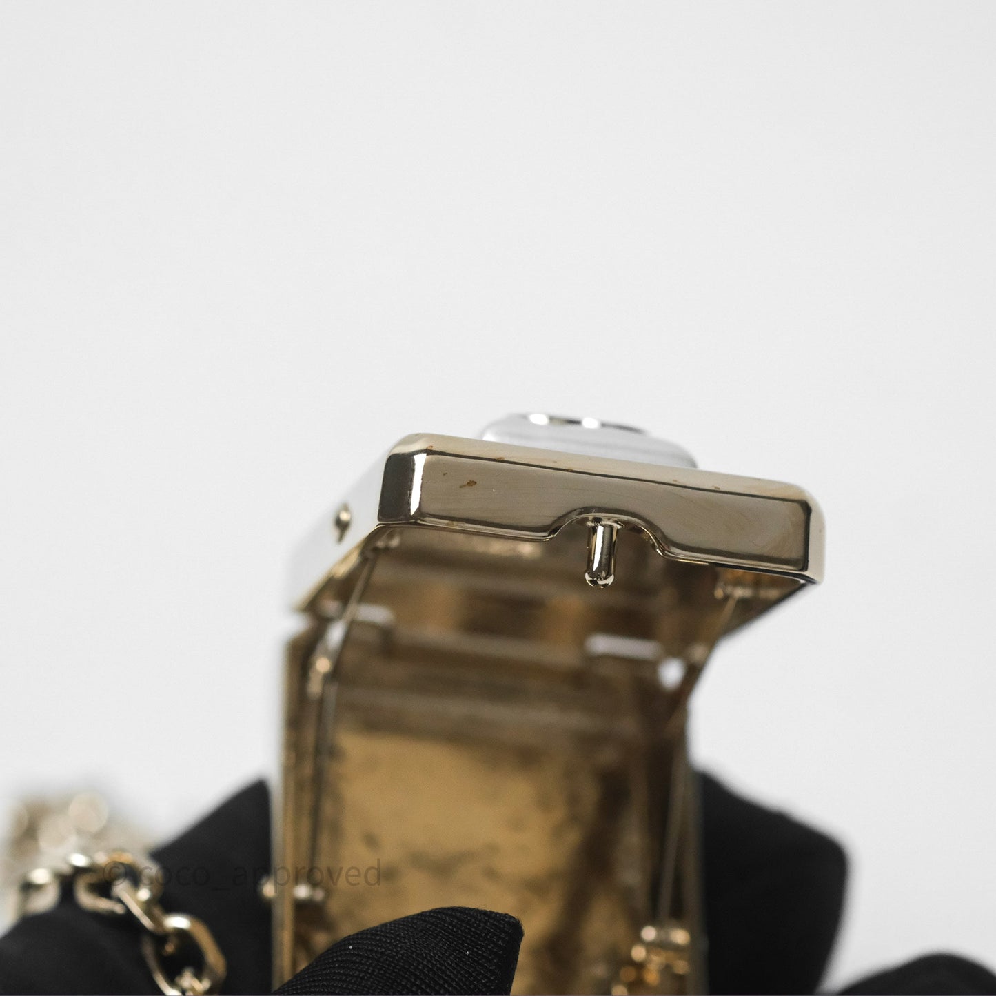 Chanel CC Metal Pearl Perfume Bottle Locket Necklace Gold Tone
