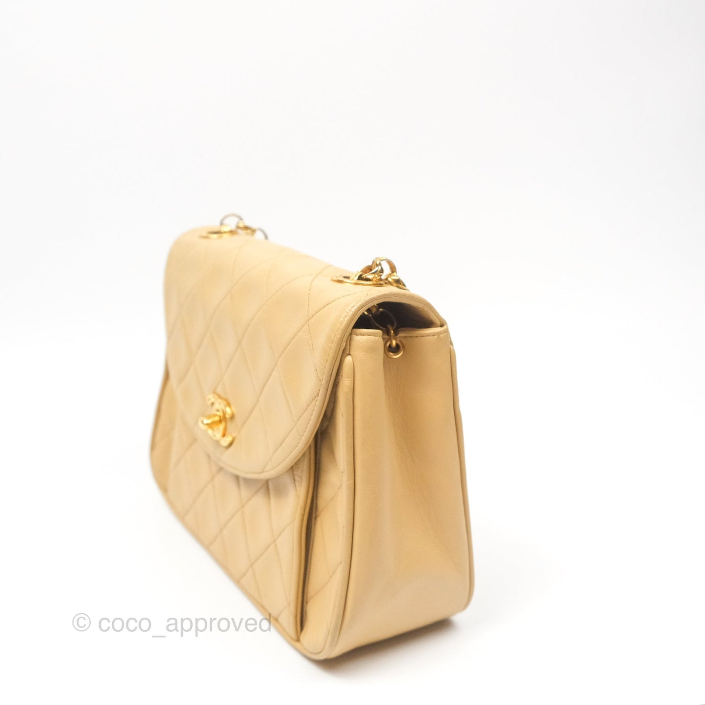 Chanel Vintage Round Flap Bag Quilted Beige Lambskin Gold Hardware