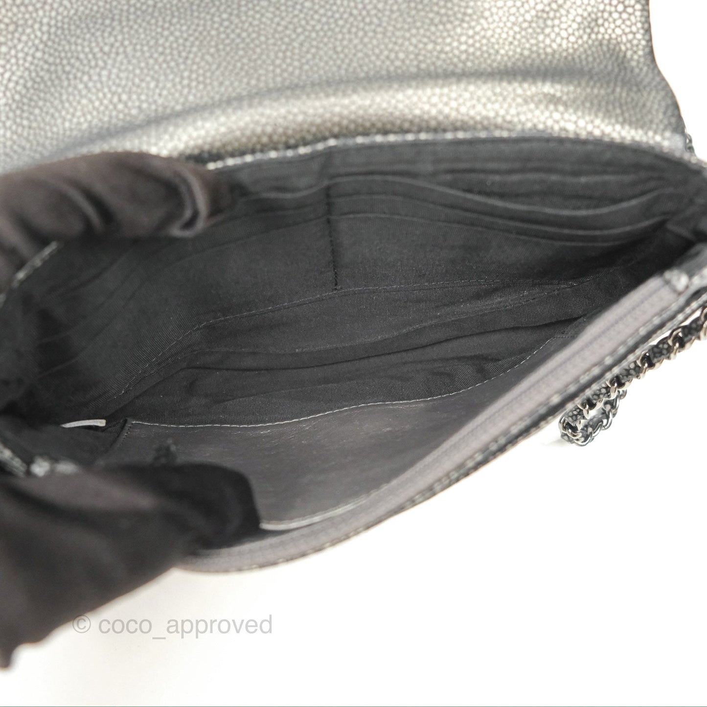 Chanel Half Moon Wallet on Chain WOC Metallic Dark Grey Caviar Silver Hardware