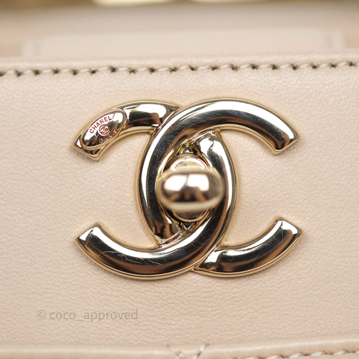 Chanel Quilted Top Handle Carry Chic Bag Beige Lambskin Gold Hardware