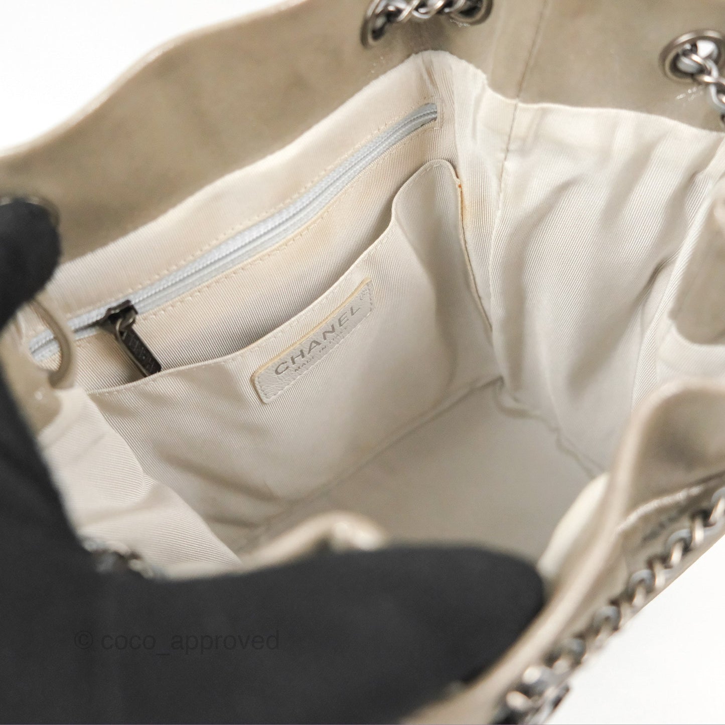 Chanel Small Urban Spirit Drawstring Bag Chevron Iridescent Silver Calfskin