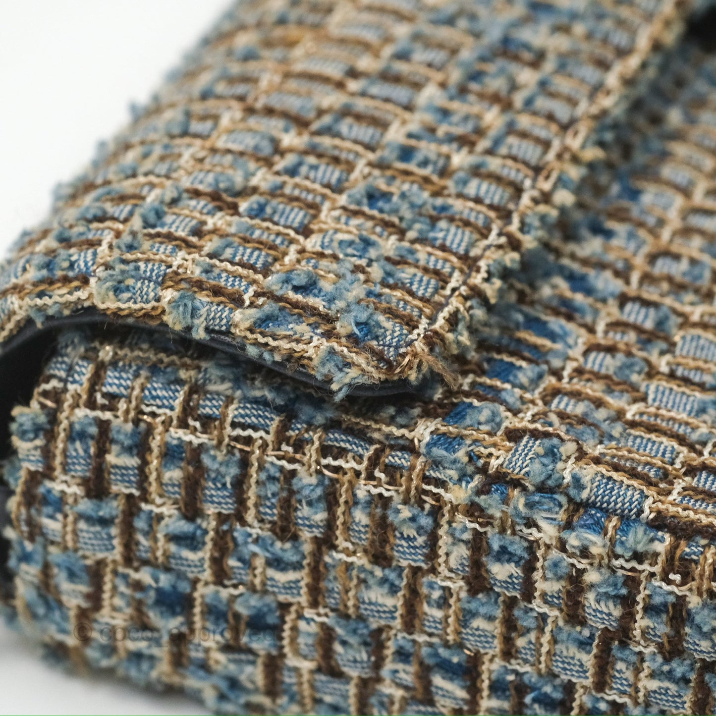 Chanel East West Chocolate Bar Flap Bag Grey Blue Tweed 24K Gold Hardware