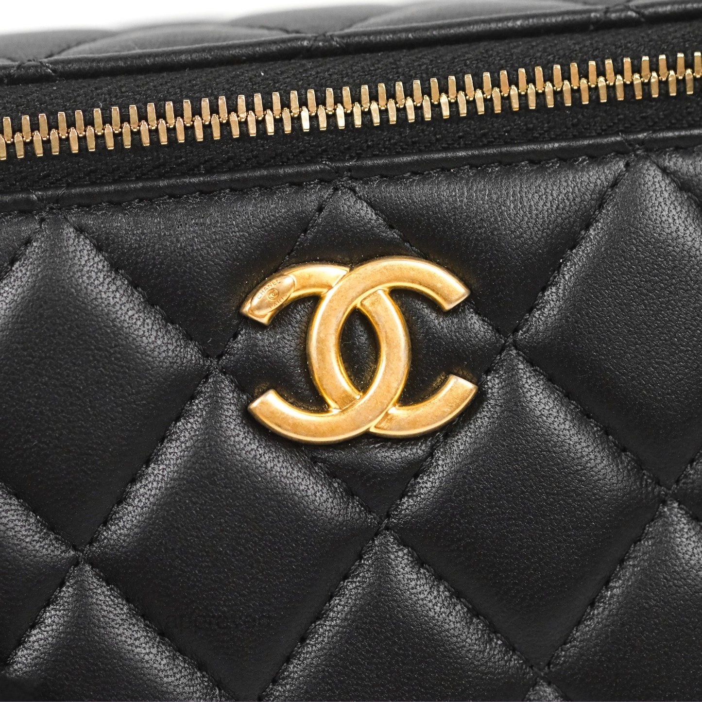 Chanel Quilted Vanity Rectangular with Camellia Adjustable Chain Black Lambskin 23S