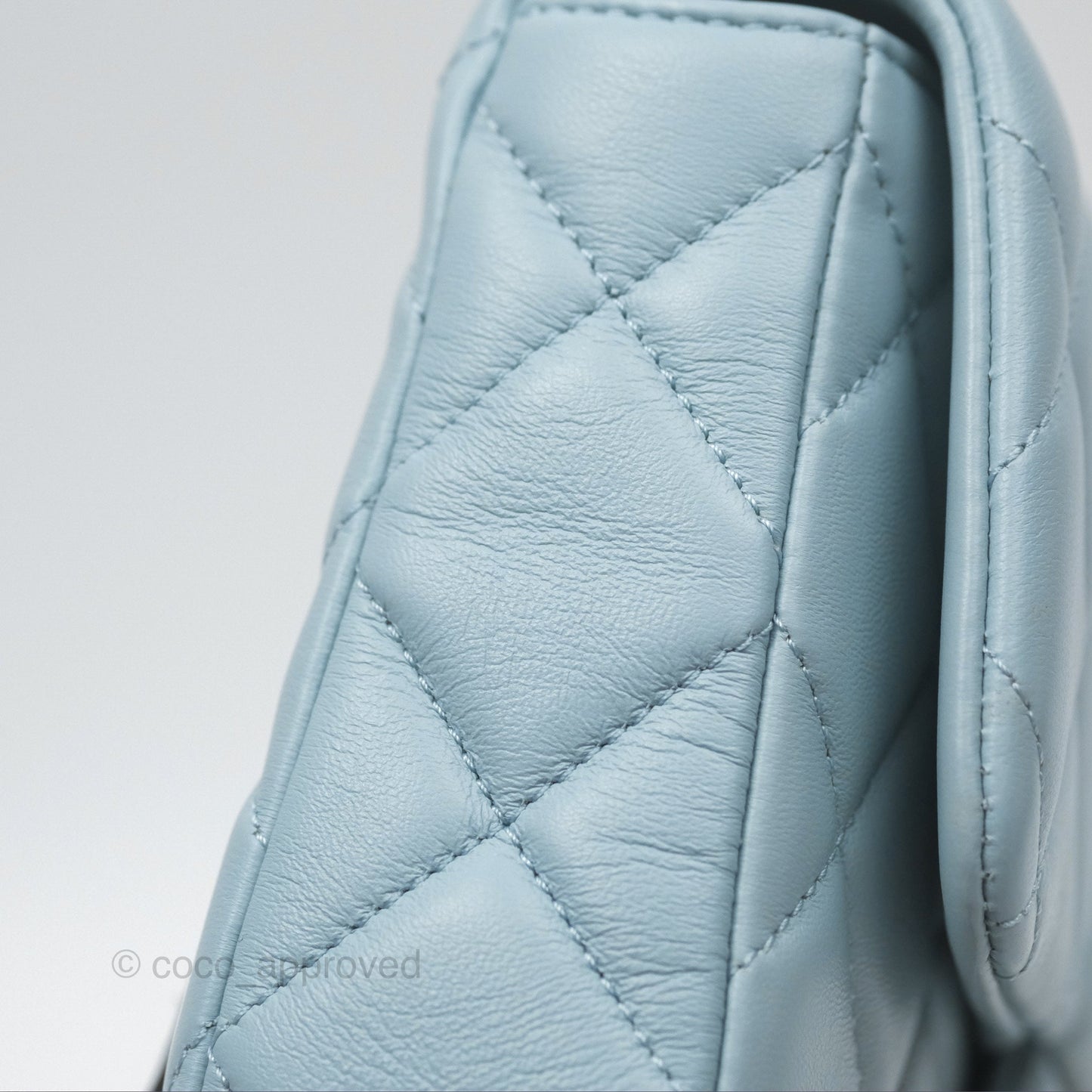 Chanel Quilted Enamel Pending CC Small Square Flap Baby Blue Lambskin 22P
