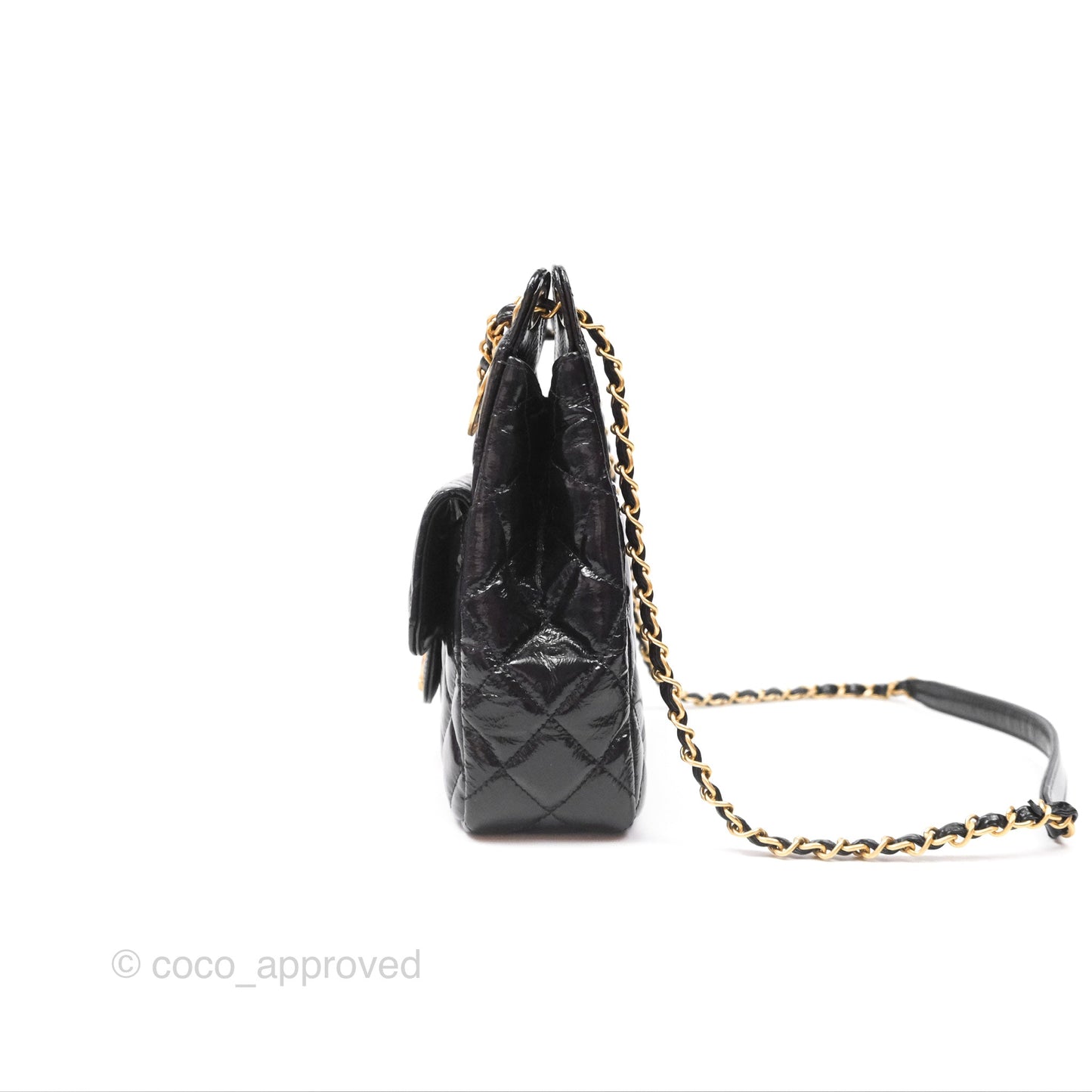 Chanel Medium Quilted Wavy CC Hobo Black Patent Aged Gold Hardware