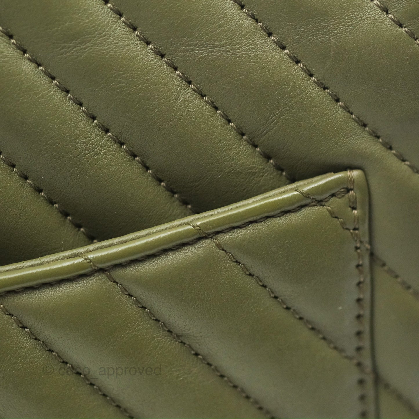 Chanel Mini Square Flap Chevron Olive Green Calfskin Gold Hardware