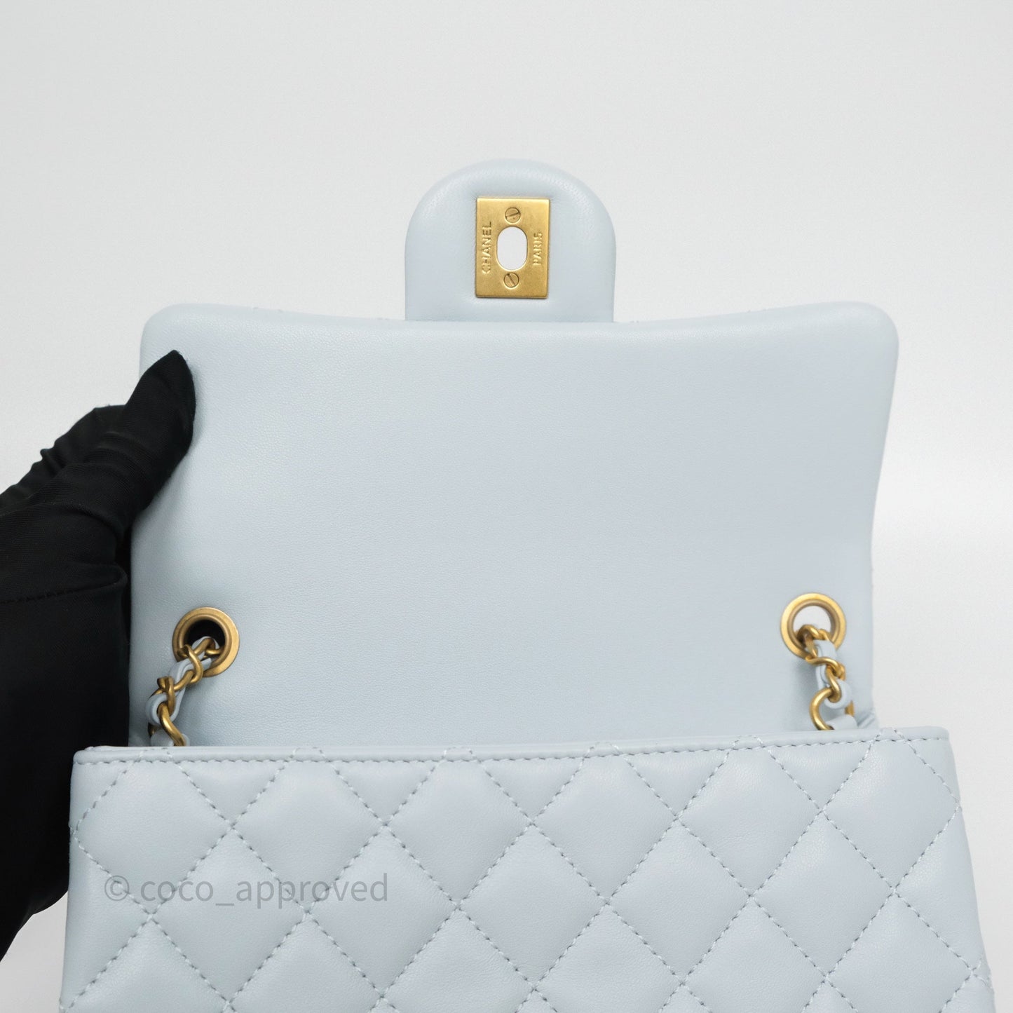 Chanel Pearl Crush Mini Rectangular Light Blue Lambskin Aged Gold Hardware
