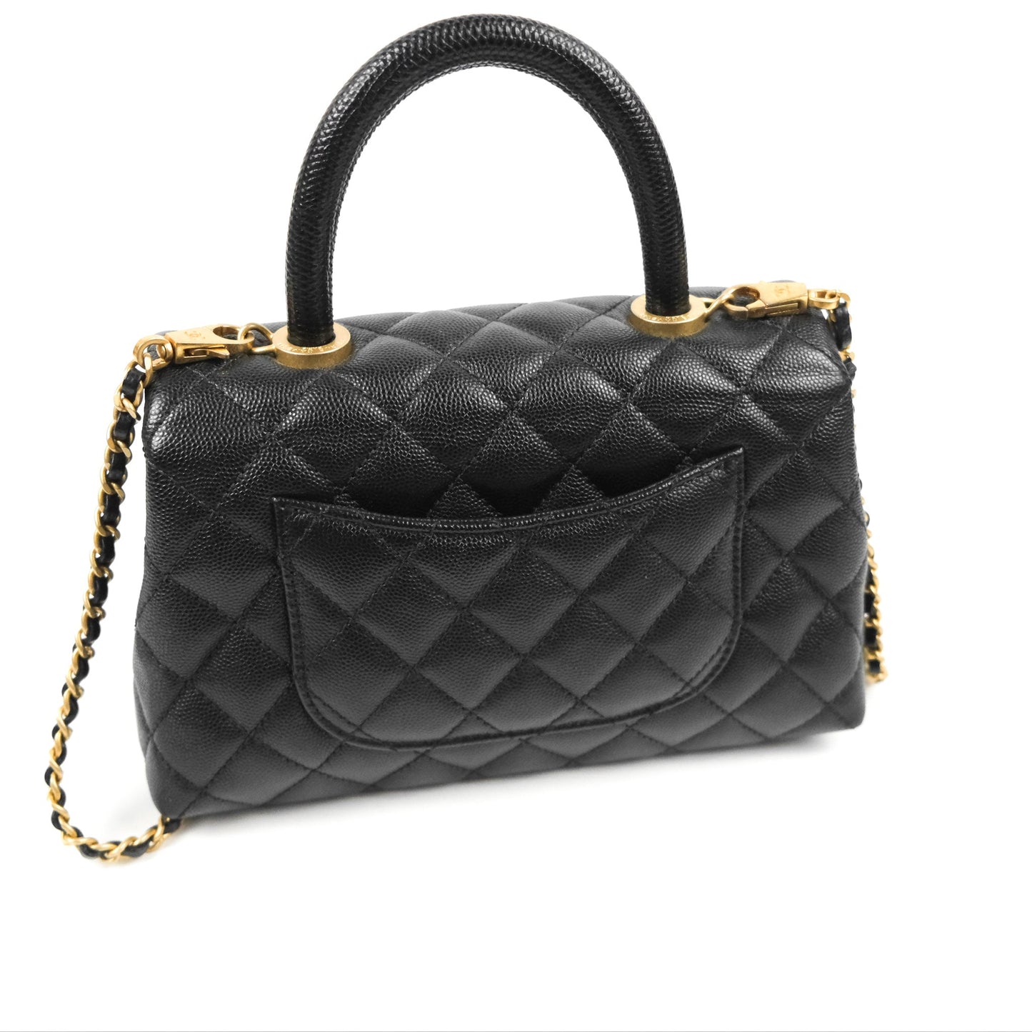 Chanel Small Coco Handle Quilted Black Caviar Aged Gold Hardware Lizard Handle