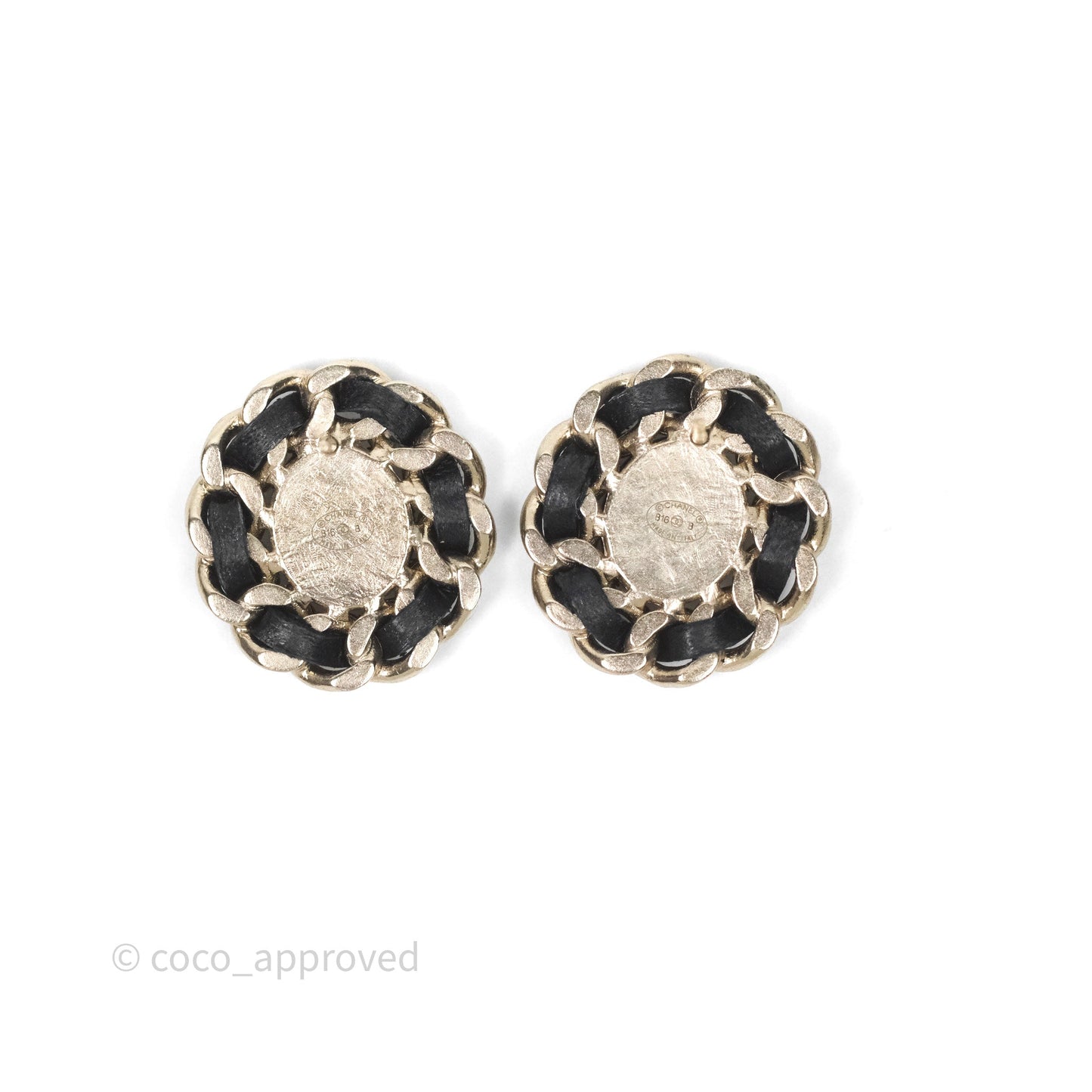 Chanel CC Black Leather Chain Round Earrings Aged Gold Tone 16B