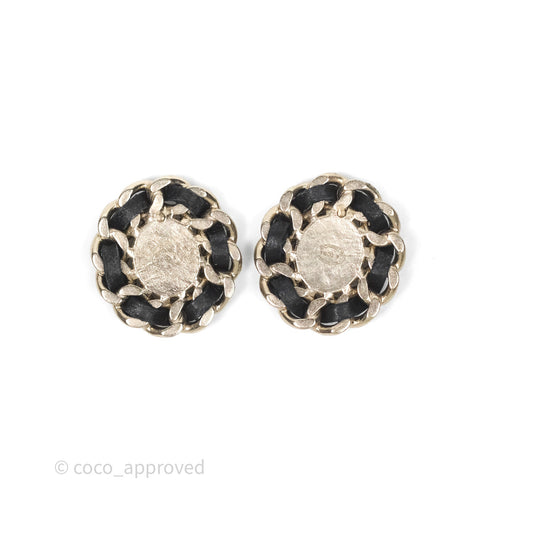 Chanel CC Black Leather Chain Round Earrings Aged Gold Tone 16B