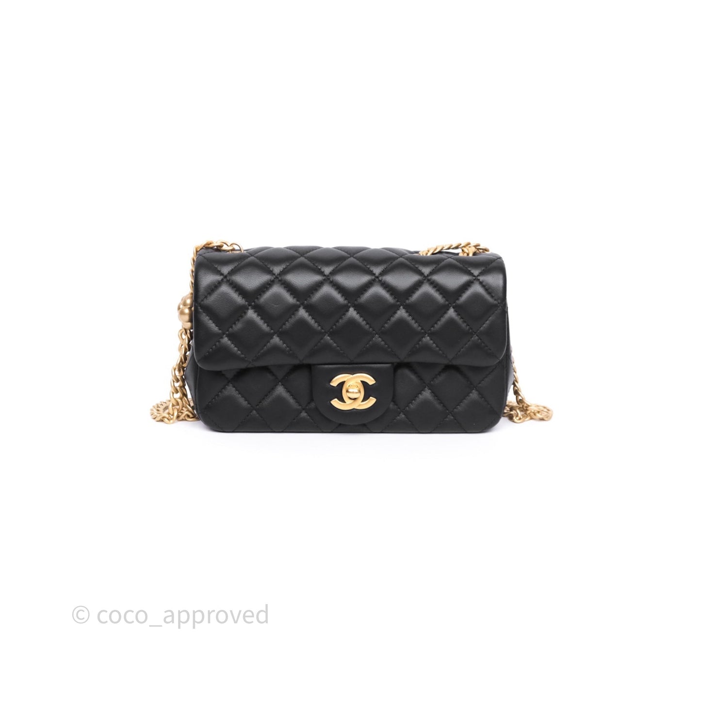 Chanel Mini Rectangular Flap with Camellia Adjustable Chain Black Lambskin Aged Gold Hardware