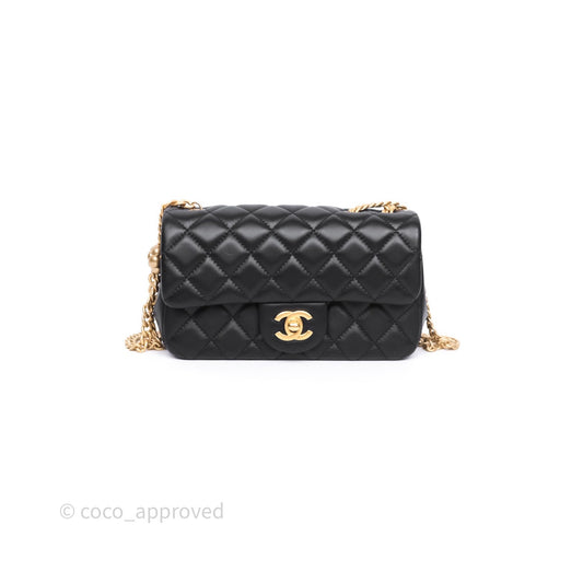 Chanel Mini Rectangular Flap with Camellia Adjustable Chain Black Lambskin Aged Gold Hardware