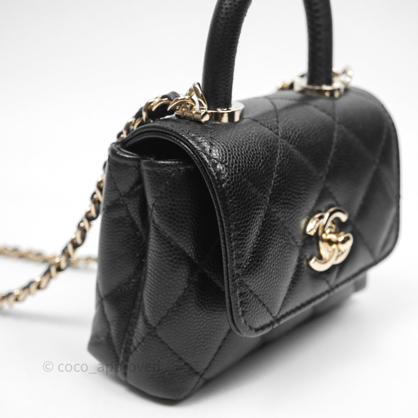 Chanel Nano Coco Handle Clutch Quilted Black Caviar Gold Hardware