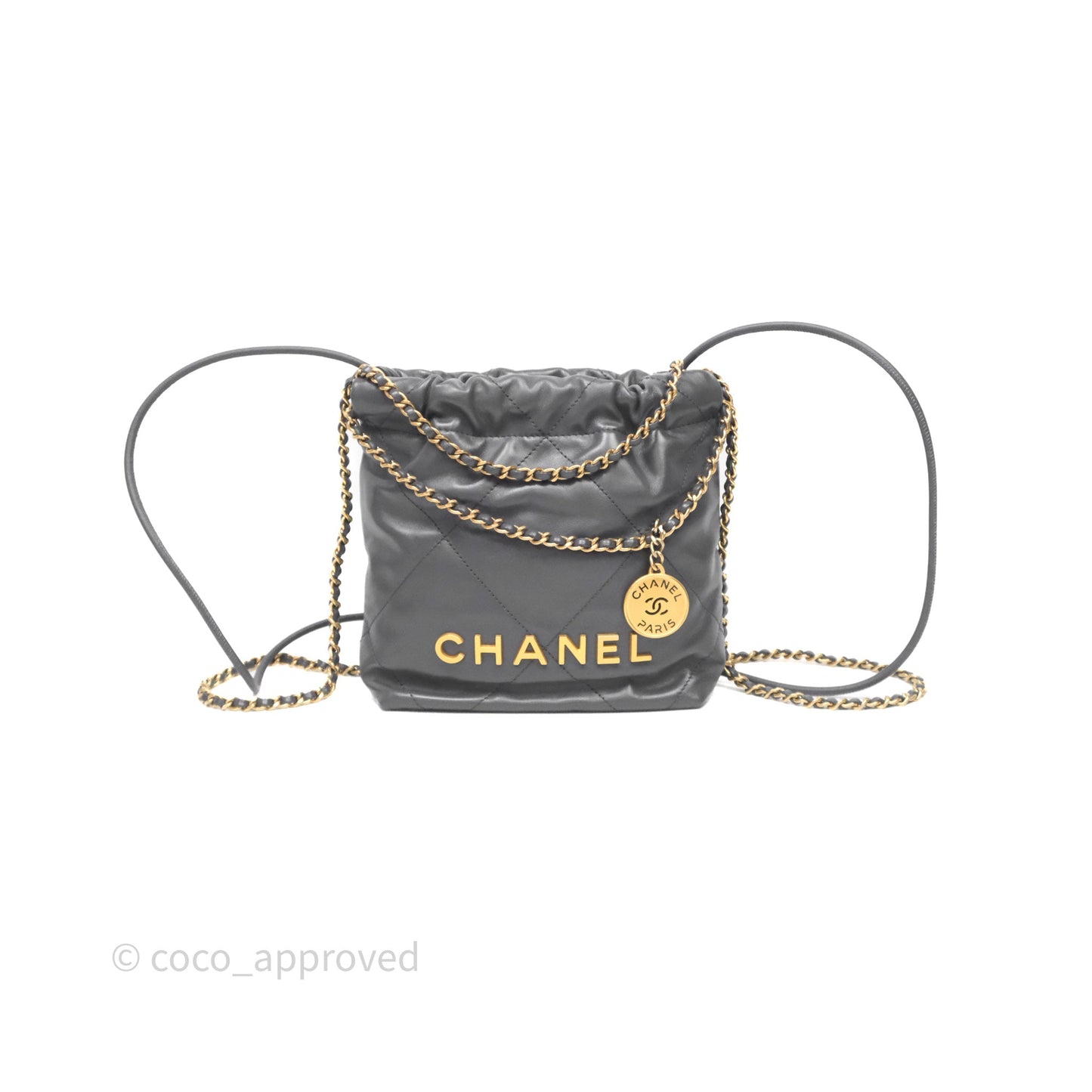Chanel 22 Mini Bag Dark Grey Shiny Crumpled Calfskin Aged Gold Hardware