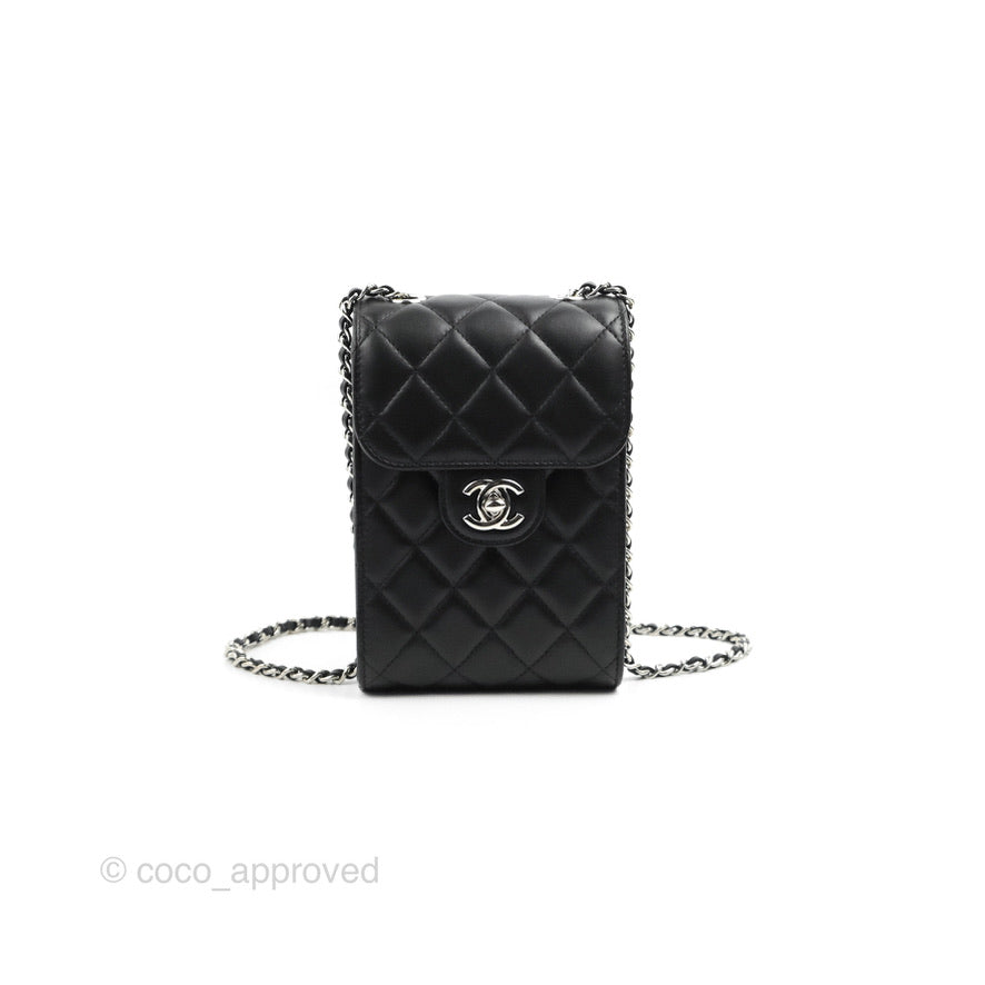 Chanel Classic Quilted Phone Holder Black Lambskin Silver Hardware