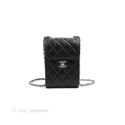 Chanel Classic Quilted Phone Holder Black Lambskin Silver Hardware