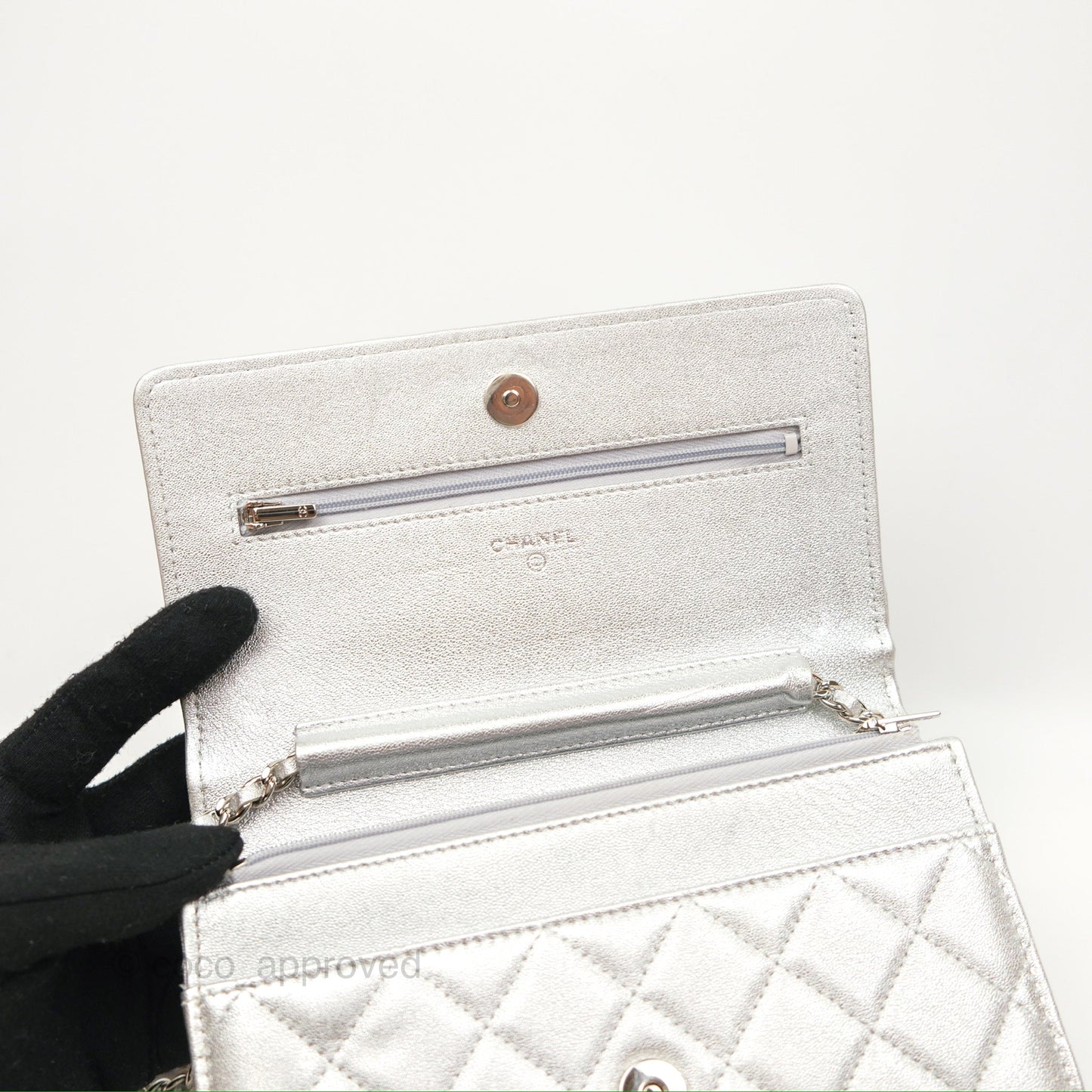 Chanel Quilted Wallet on Chain WOC Iridescent Silver Grained Lambskin Silver Hardware